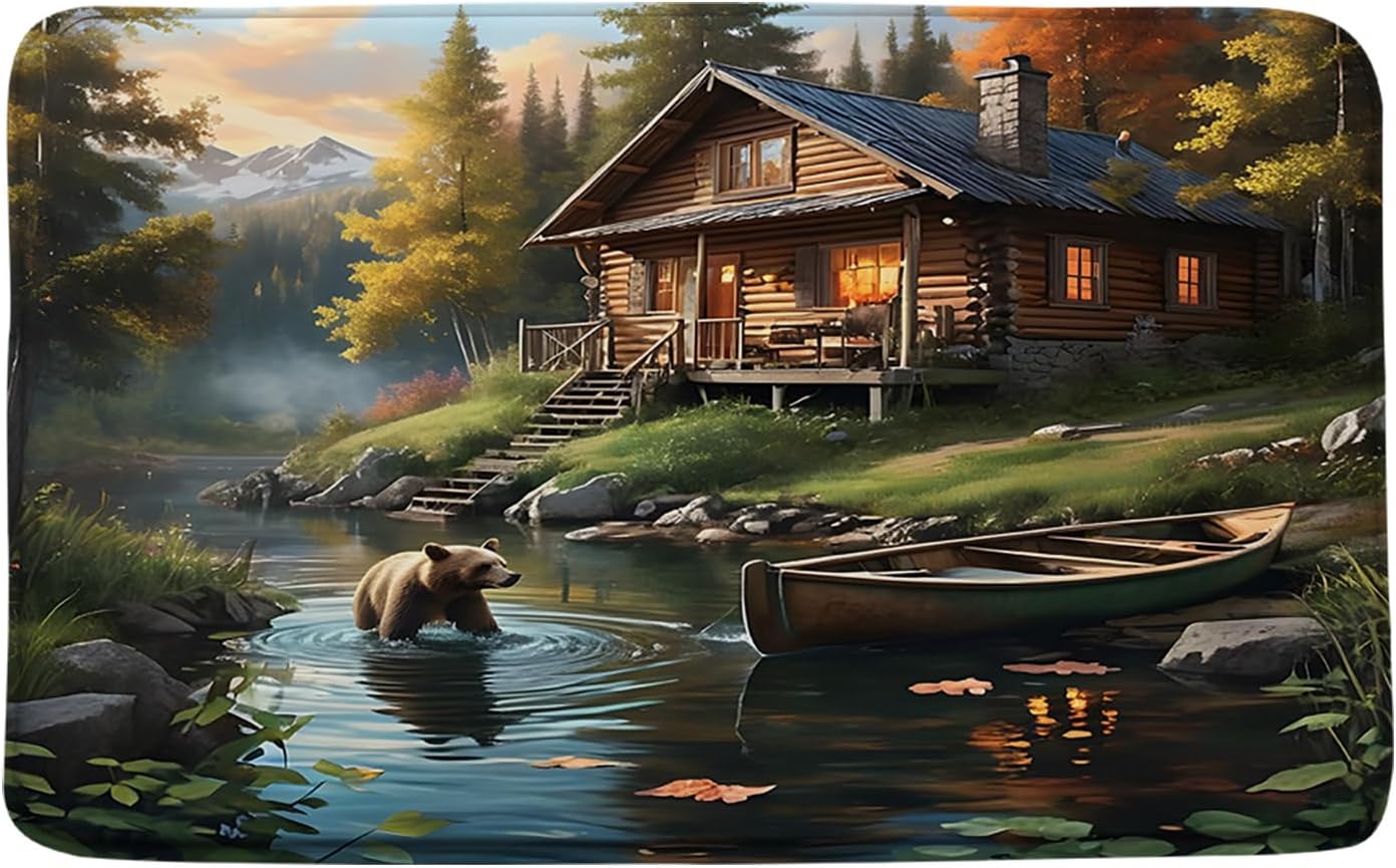 Rustic Bear Bath Mat Cabin Lodge Wild Animal Mountain Forest Country Nature Landscape Bathroom Kitchen Rugs