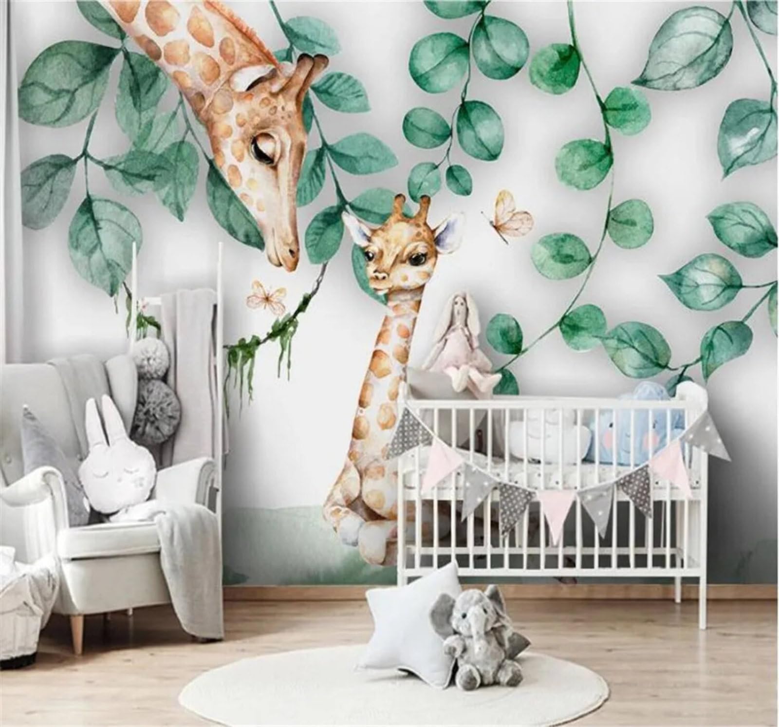 Tzxztt Minimalist Green Leaves Cute Animals Giraffe Modern 3D Wallpaper Premium Textured Silk Neutral Tones Material Ideal for Living Room Bedroom-430cm×300cm