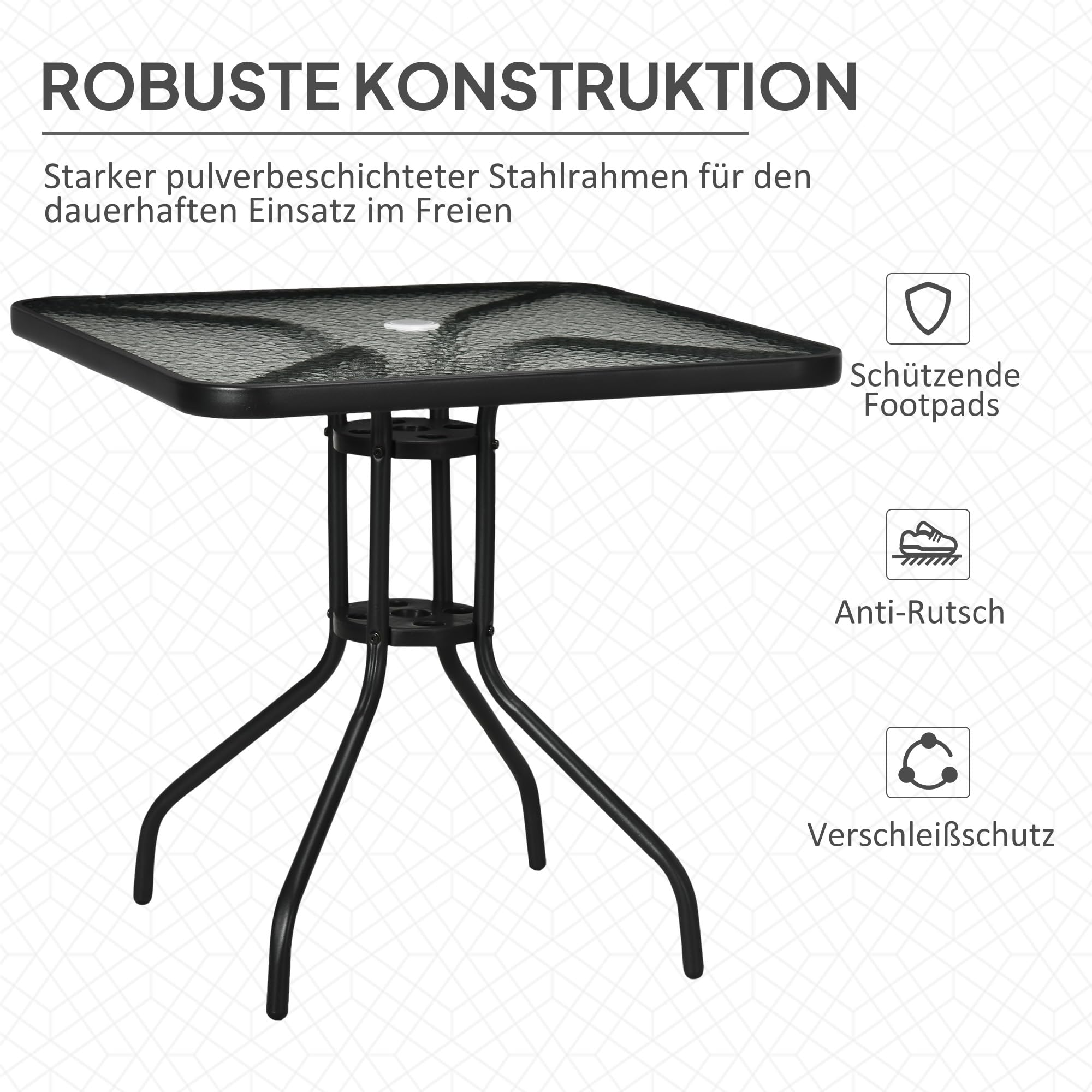 Outsunny Gartentisch Abnehmbar Wetterfest mit Schirmloch 76x76 cm Schwarz | Metall, Quadrarisch, Rutschfest, Balkontisch, Buffettisch, Campingtisch, Terrassentisch, für Outdoor Garten Terrasse Balkon