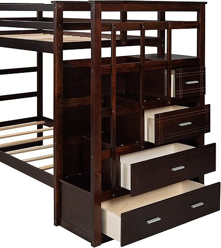 Miniatura 33 de Litera individual sobre matrimonial con cajones, escalera deslizante y almacenamiento, litera de madera con barandilla alta y escalera para niños,