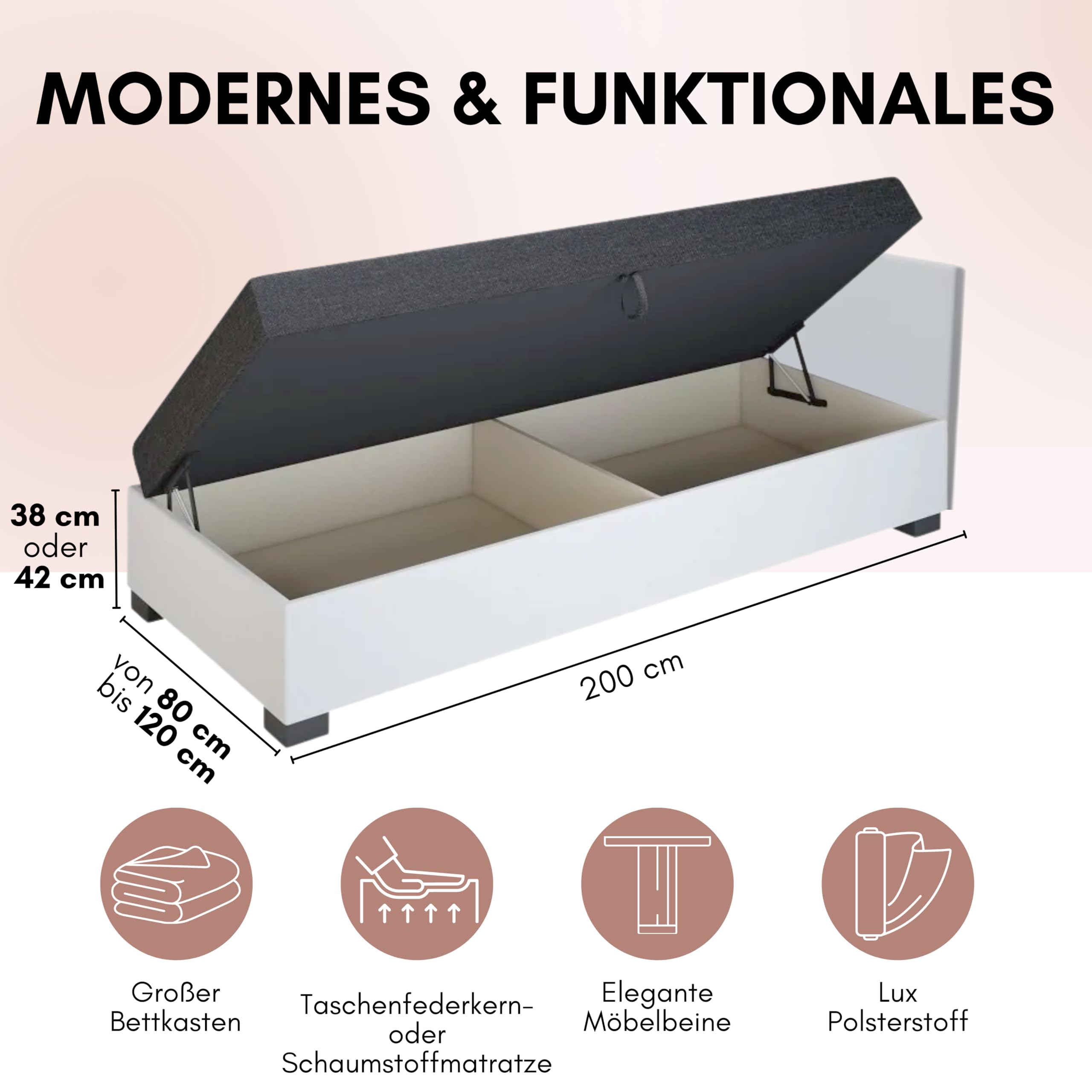 Boxspringbett Lola 80x200x38 cm mit Schaumstoff Matratze, Bett mit Matratze, Polsterbett mit Bettkasten, Gepolstertes Einzel Bett, Schlafsofa - Weiß mit Grau