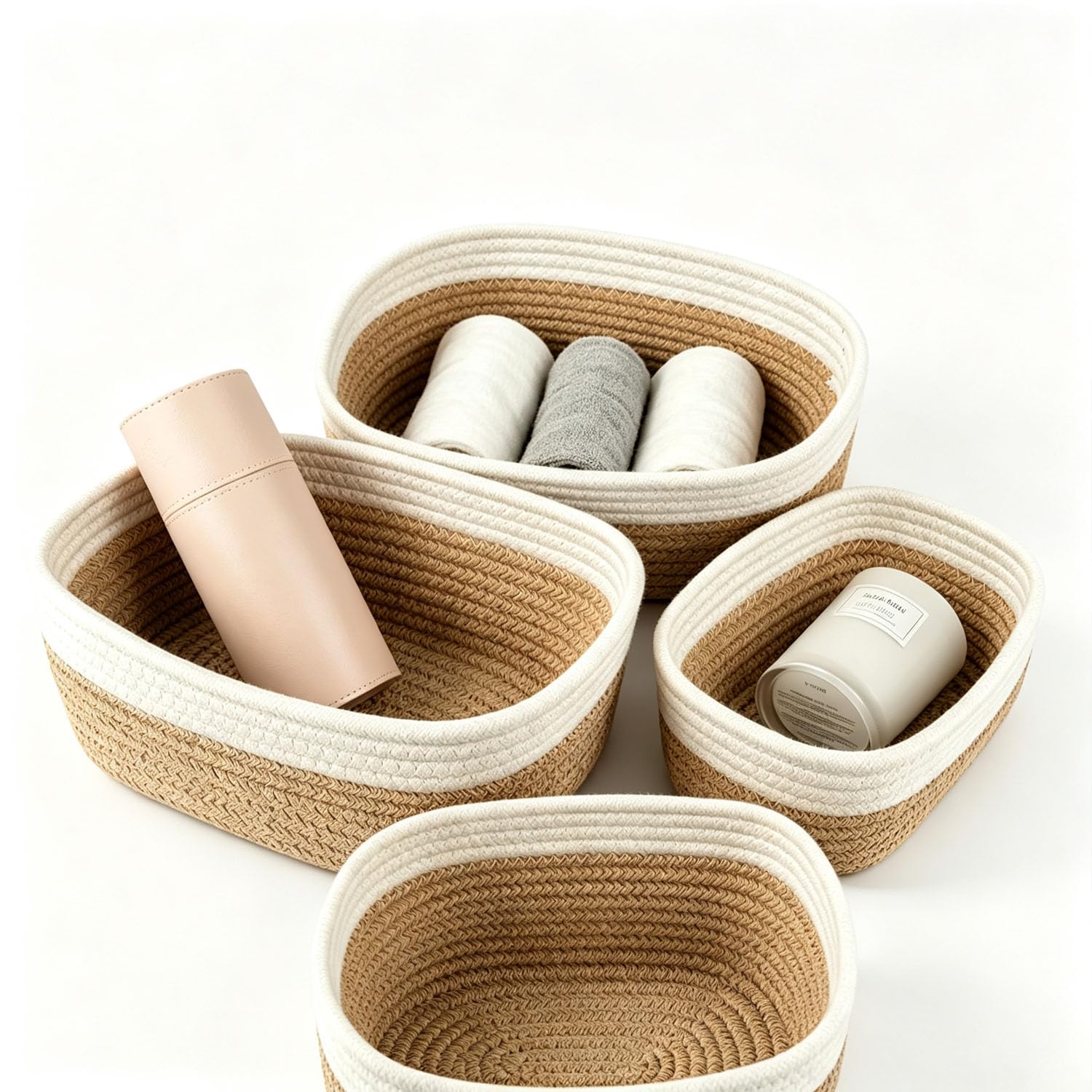 4Pcs Cestas Almacenaje de Cuerda de Algodón,Cesta Organizadoras，Beige