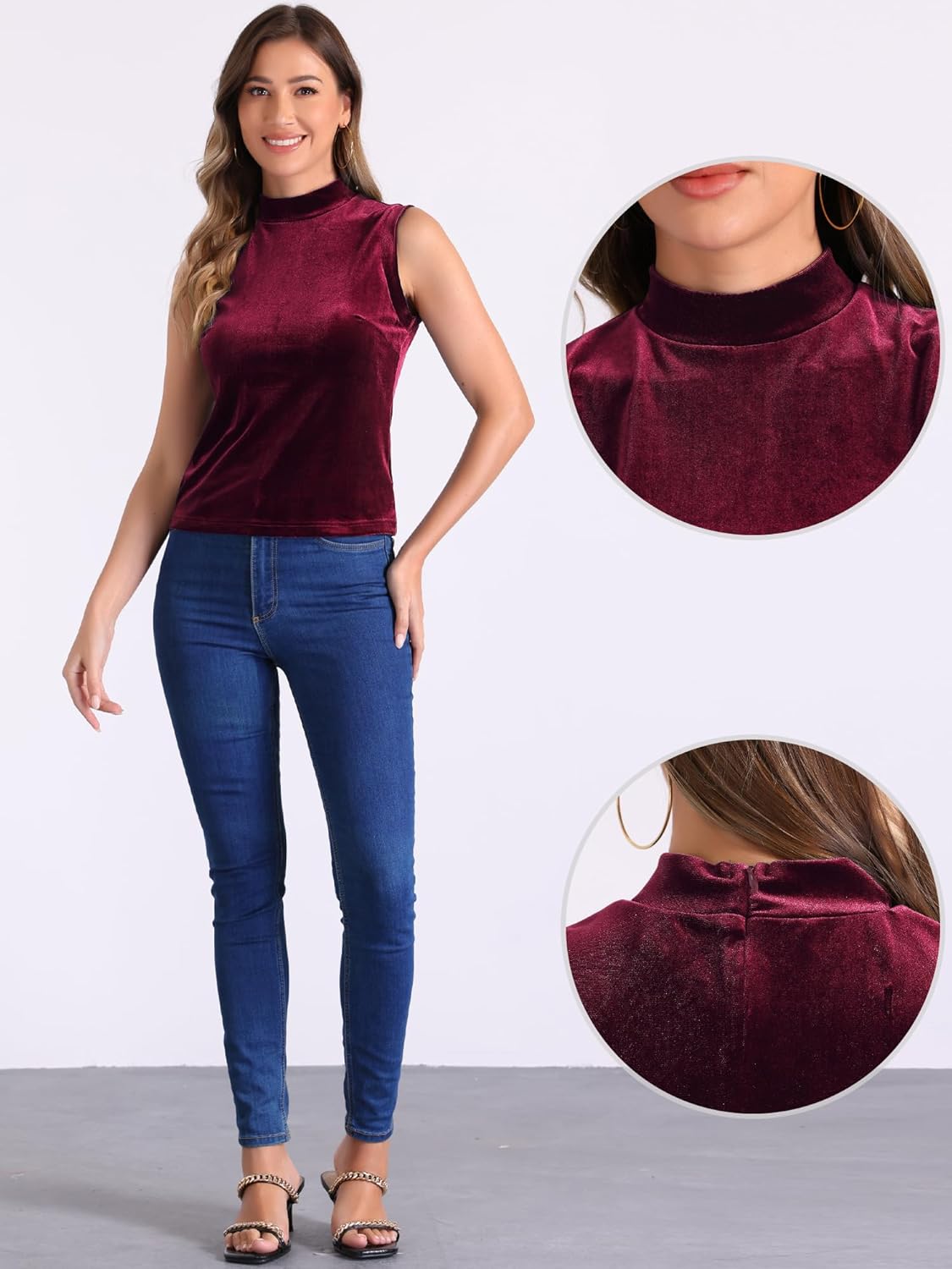 Allegra K Turtle Neck Tank Tops for Women's Velvet Mock Sleeveless Casual Vest - Image 2