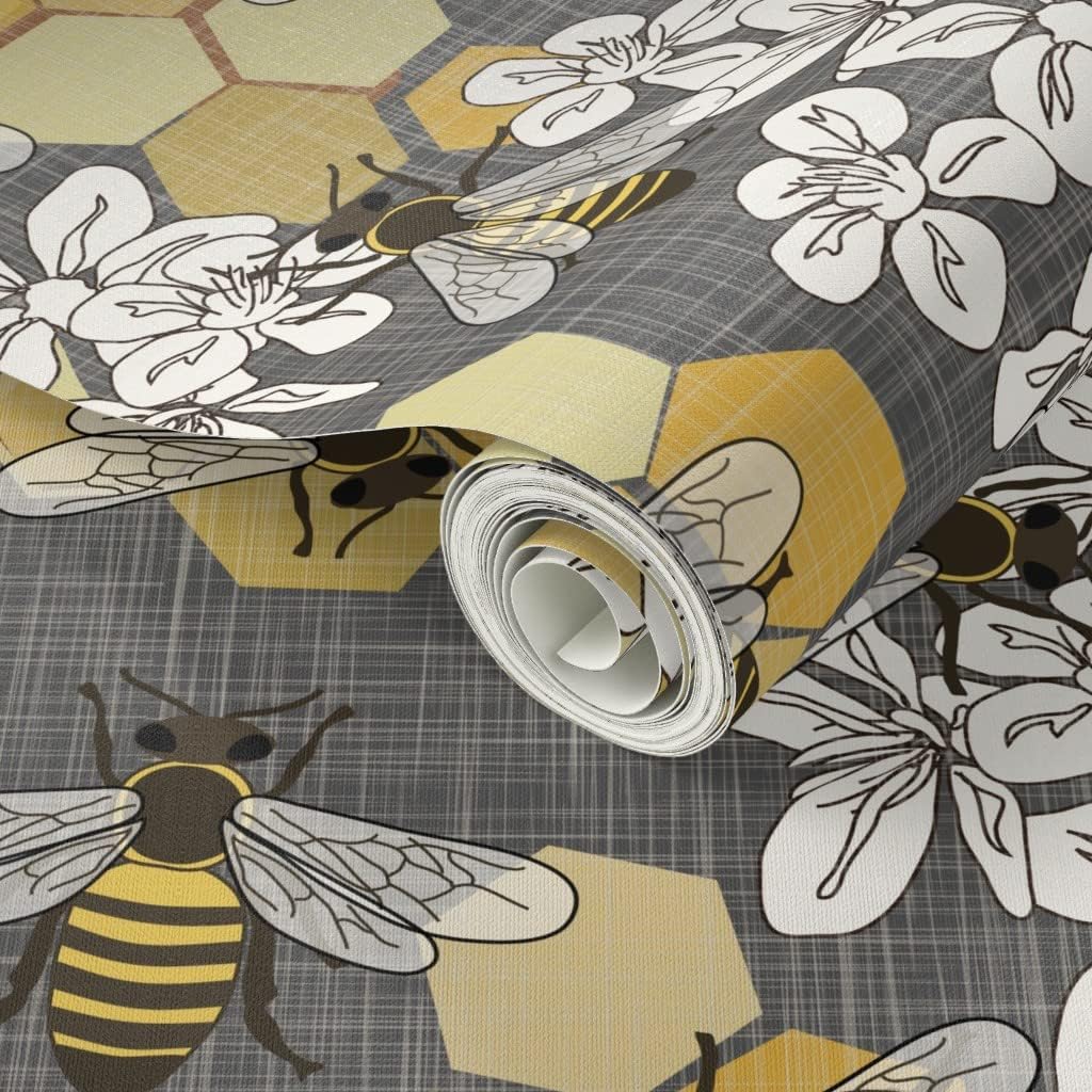 Spoonflower Peel & Stick Wallpaper Swatch - White Floral Nature Modern Yellow Insects Honey Bees Grey Custom Removable Wallpaper