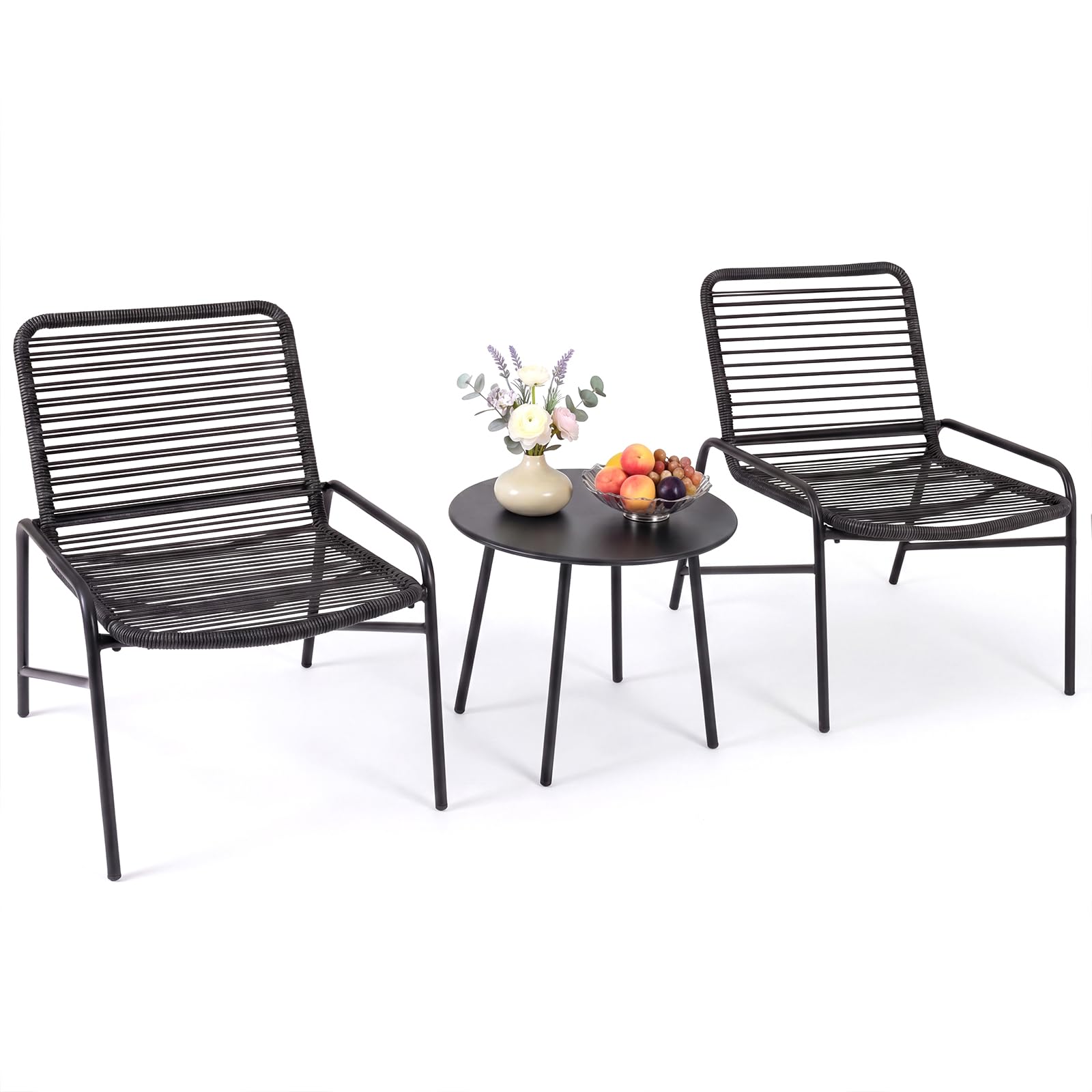 RELAX4LIFE Set di mobili da giardino in rattan, 3 pezzi, con tavolino rotondo e 2 poltrone in vimini, sedie da pranzo in metallo, per patio, veranda, salotto, cortile, piscina