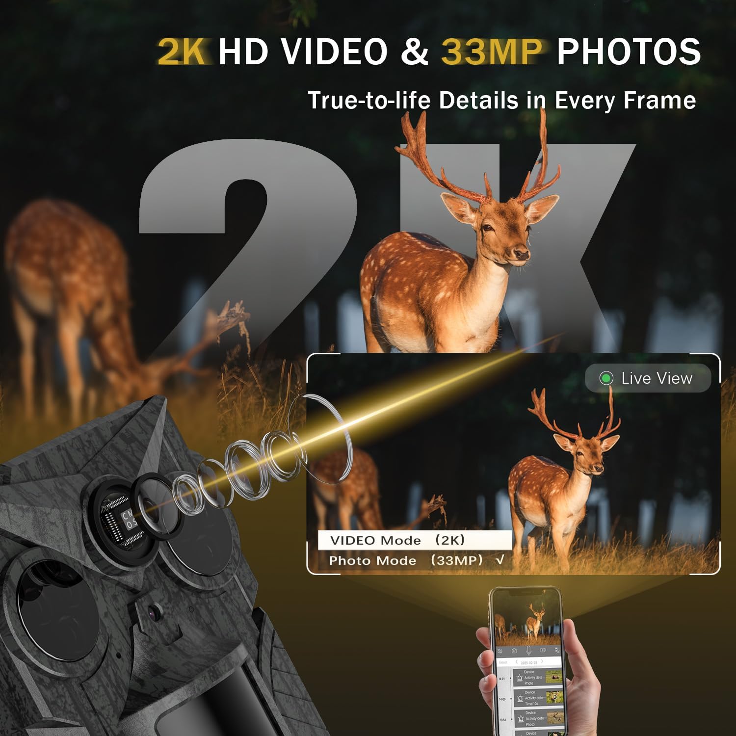 Cellular Trail Camera, 4G LTE Solar Game Camera Sends Pictures to Phone, 2K HD Live Video No‑Glow IR Night Vision 0.2s Trigger, 10,000mAh Battery Trail Cam IP66 for Deer Hunting, Farms No WiFi