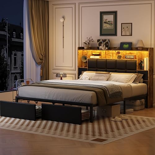Miniatura 6 de Marco de cama LED tamaño Queen con 2 cajones de almacenamiento ocultos y estantería, cabecera de cuero PU, cama plataforma tapizada con estación de