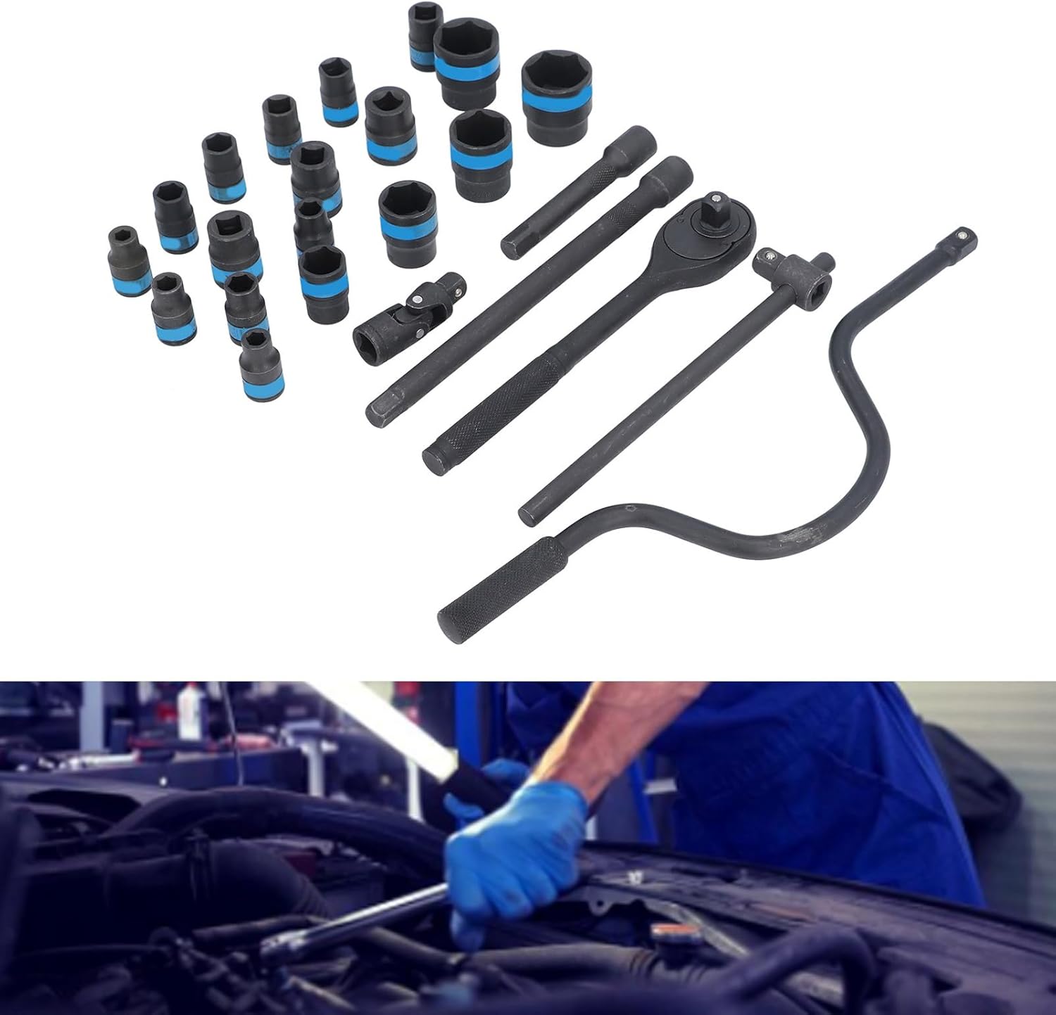 Luqeeg 24PCS Mechanics Socket Tool Set, 1/2 inch 832mm Metric Drive Impact Socket Dual Directional Ratchet Wrench Set with Extension Bar for Auto Machine Car Repair Home Garage