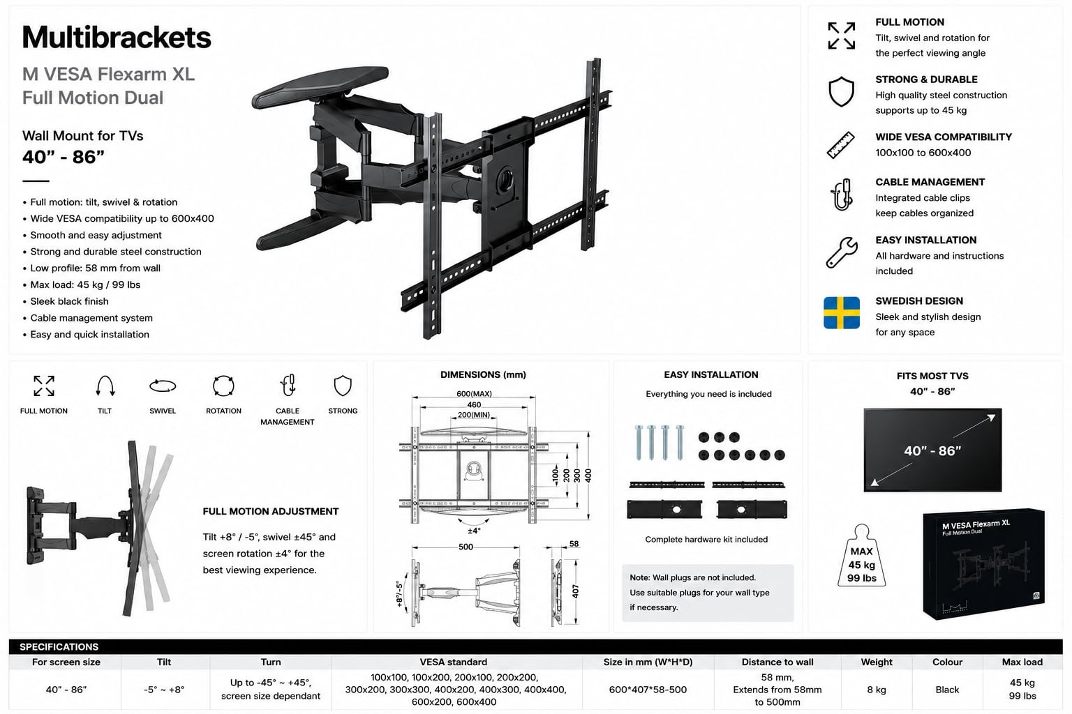 Multibrackets Fullmotion Dual XL Soporte TV Brazo Articulado Pared para 40"-86" VESA 200x200-600x400 Inclinable Giratorio Extensible Negro.