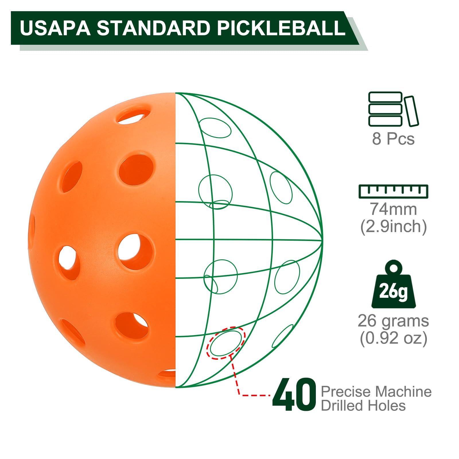 PATIKIL Outdoor Pickleball Balls 40 Holes Pickleball 8 Pack Pickleball Balls for Amateurs Indoor and Outdoor Sport Orange - Image 2