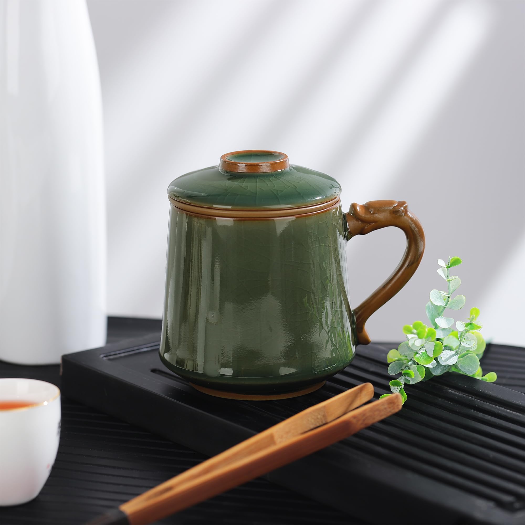 fanquare Tasse à Thé en Céramique avec Infuseur et Couvercle Tasses à Thé Chinoises à Glaçure Verte Grande Tasse à Thé en Porcelaine pour Maison Cadeaux 450ml