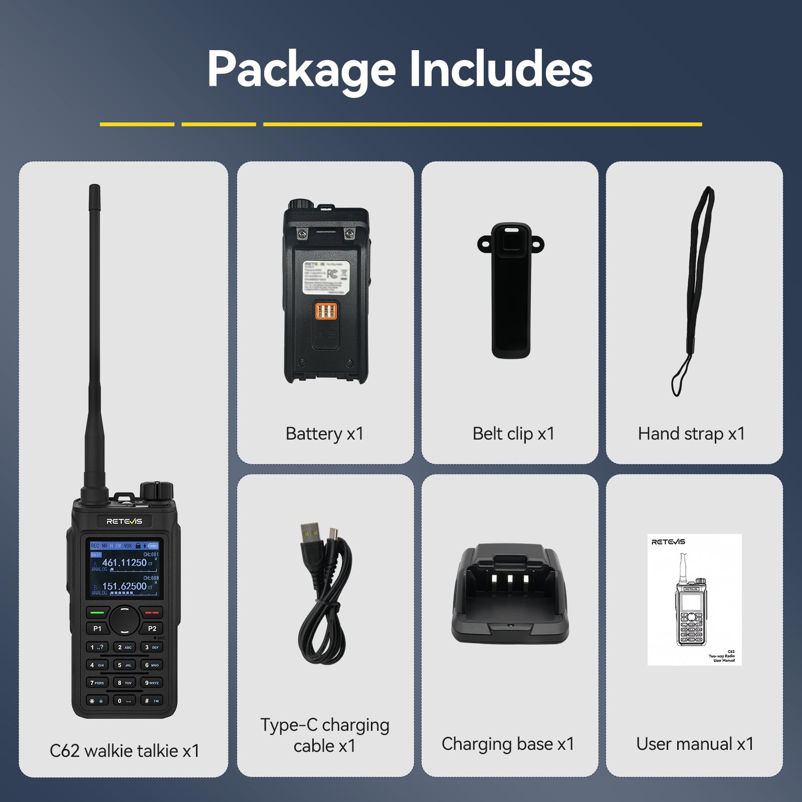 Retevis C62 Walkie Talkie Lungo Raggio, Professionali Ham Radio Bibanda, Display LCD, 2000mAh, Walkie Talkie Ricaricabili per Adulti, per Escursionismo/Caccia/Campeggio (Nero, 1 Pezzo)
