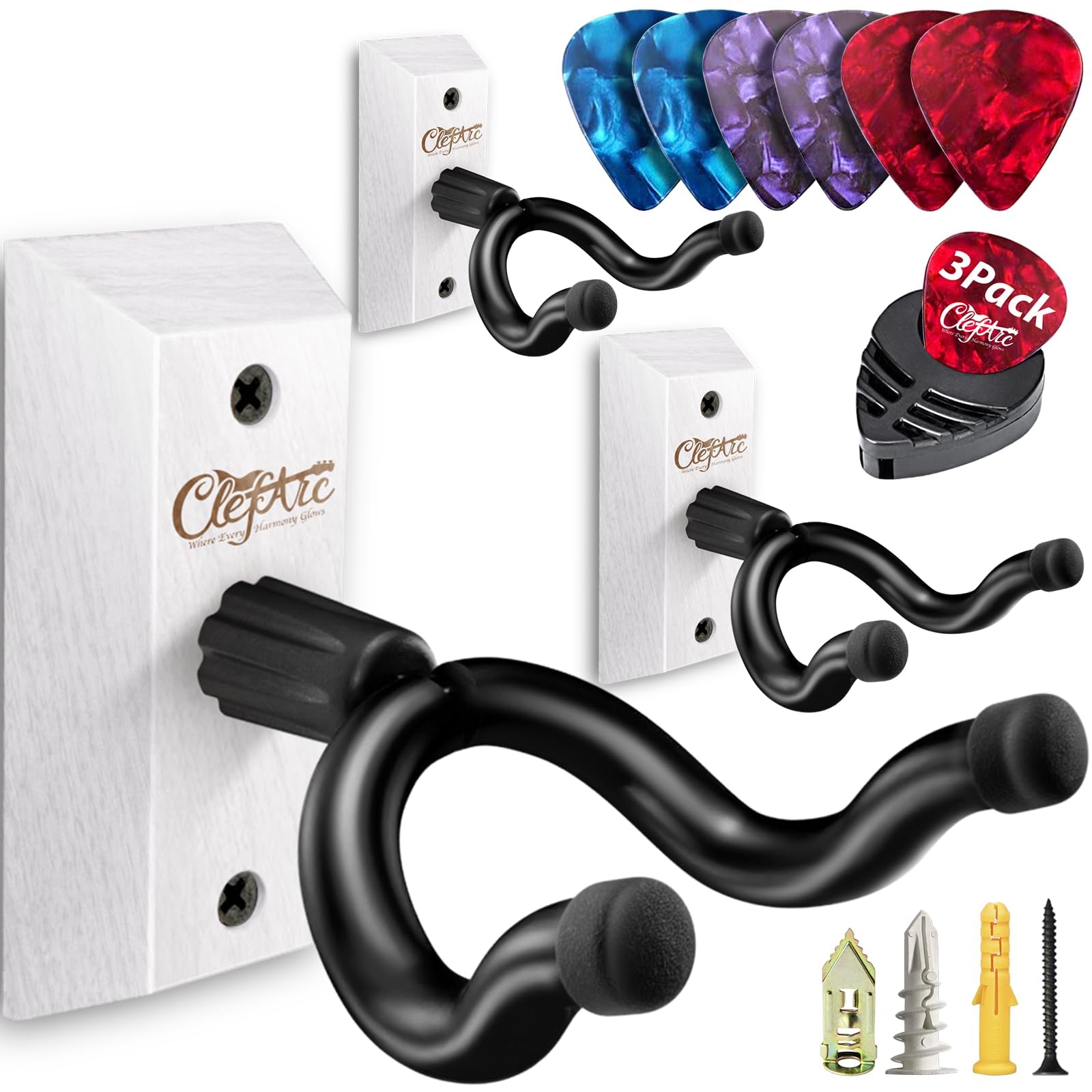 Guitar Wall Mount 3 Pack - White Hardwood Guitar Wall Hangers, Guitar Picks, Pick Holder, Guitar Accessories, U-Shape Hardwood Guitar Hanger, Gifts for Guitarists, with 6 Assorted Guitar Picks
