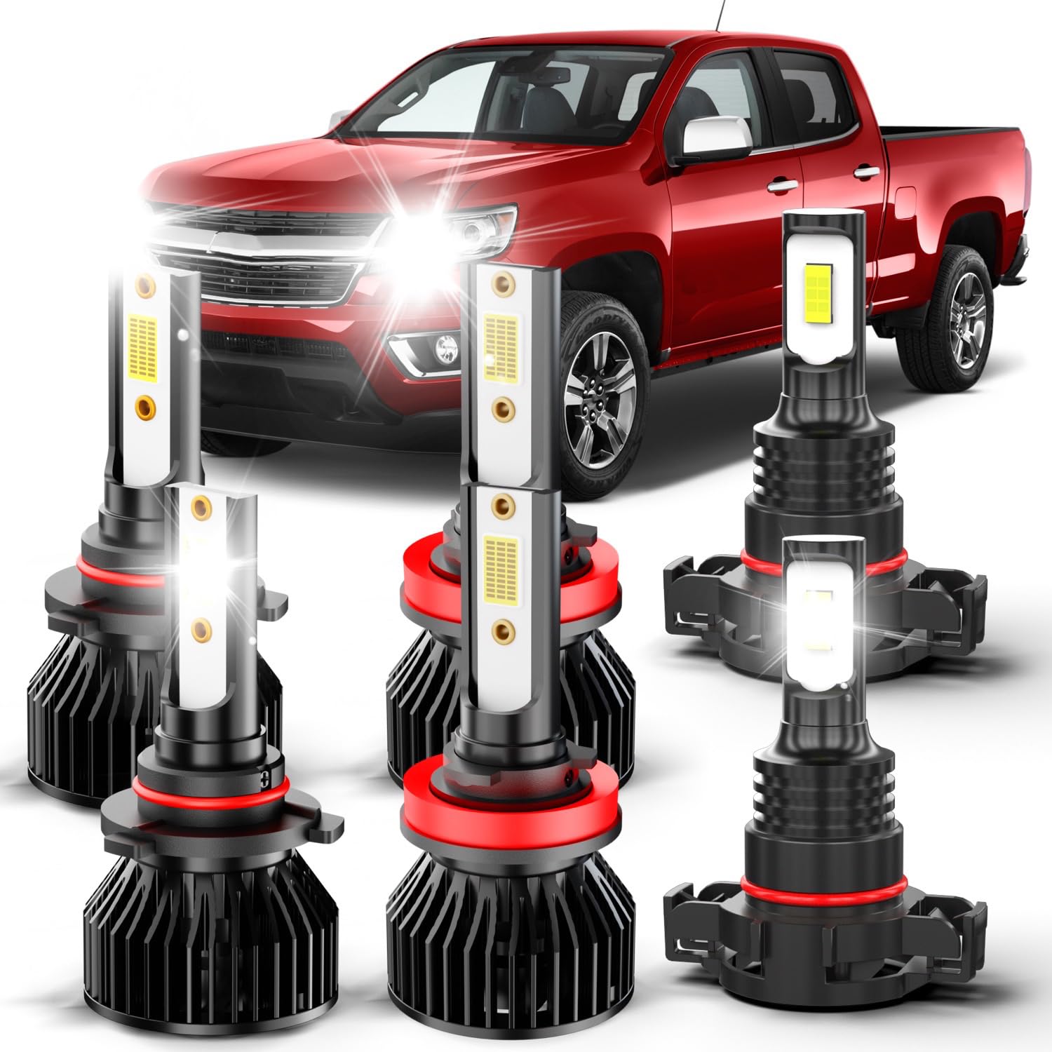 Fit For Chevy Colorado (2015-2020) led Foglight bulbs, 9005+H11 High & Low Beam Bulbs+5202 led fog light bulb,500% Brightness, 6000K Eye-Protection White,Plug and play, IP68,with Fan,No Errors, 6-Pack