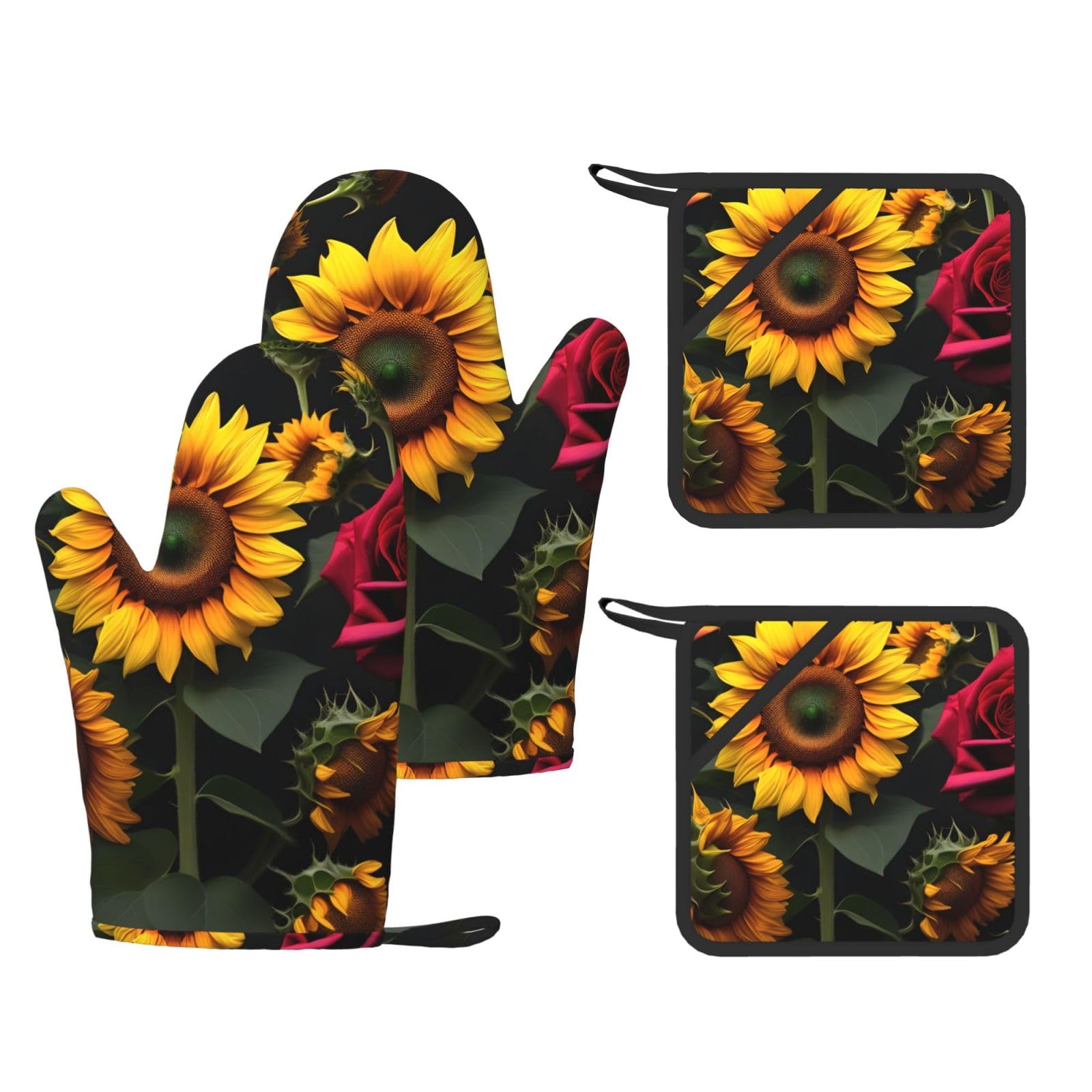 Nimongt Black Sunflower Rose Print Heat Resistant Gloves Pads Reusable Kitchen Set Oven Baking Grilling Cooking