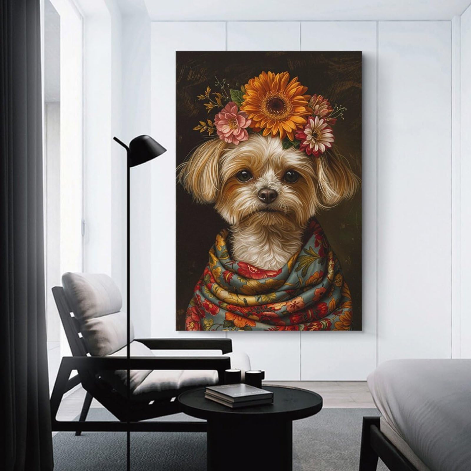 Junmoney Dog with Flowers Home Decor Wall Art 12x18inch(30x45cm), for Hallway, Bedroom Or Modern Interiors, Canvas Artwork with Gifting Potential