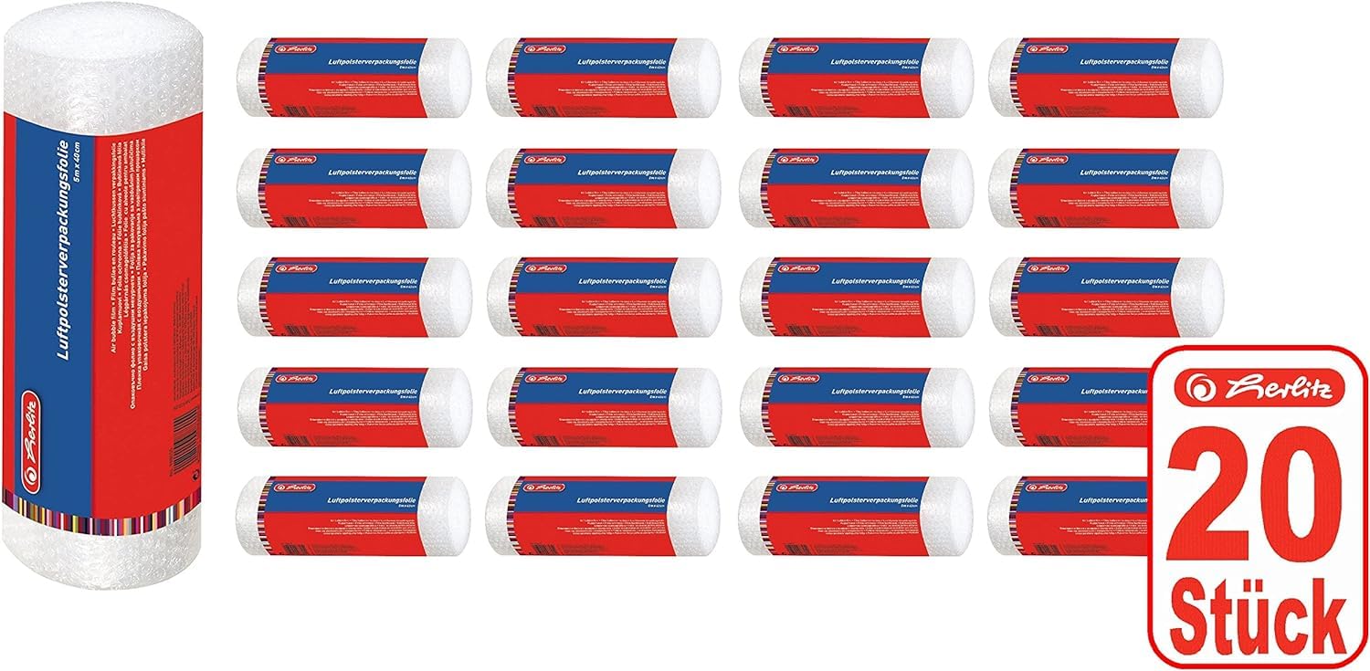 Herlitz Luftpolsterfolie, gerollt, im Polybeutel, 5 m x 40 cm (Luftpolsterfolie, 20 Rollen)