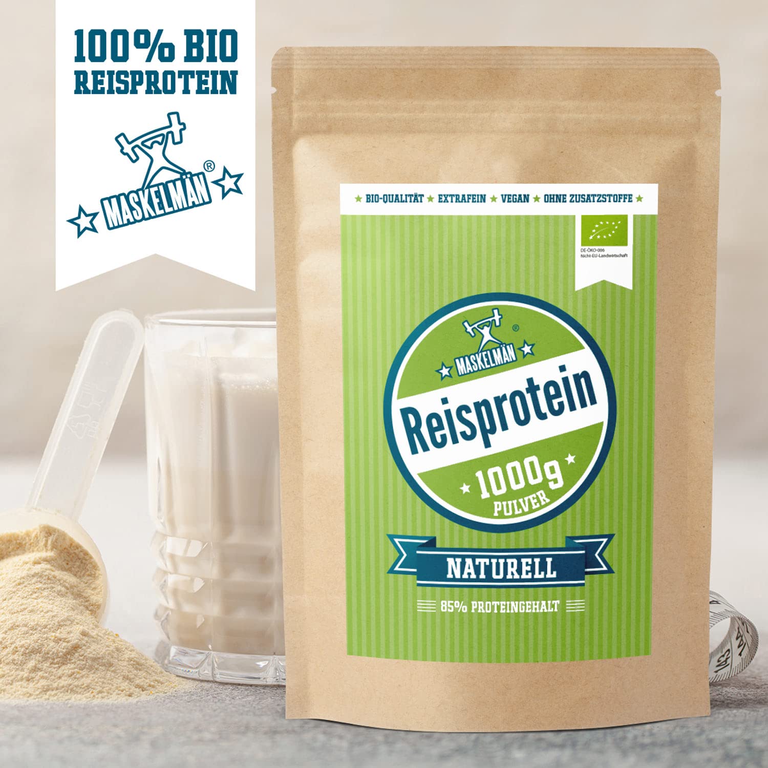 Reisprotein vegan von Maskelmän - 3 KG - 80% Eiweiss - Extrafeines Bio Reisprotein aus der Reiskleie - Ideale vegane Eiweissquelle