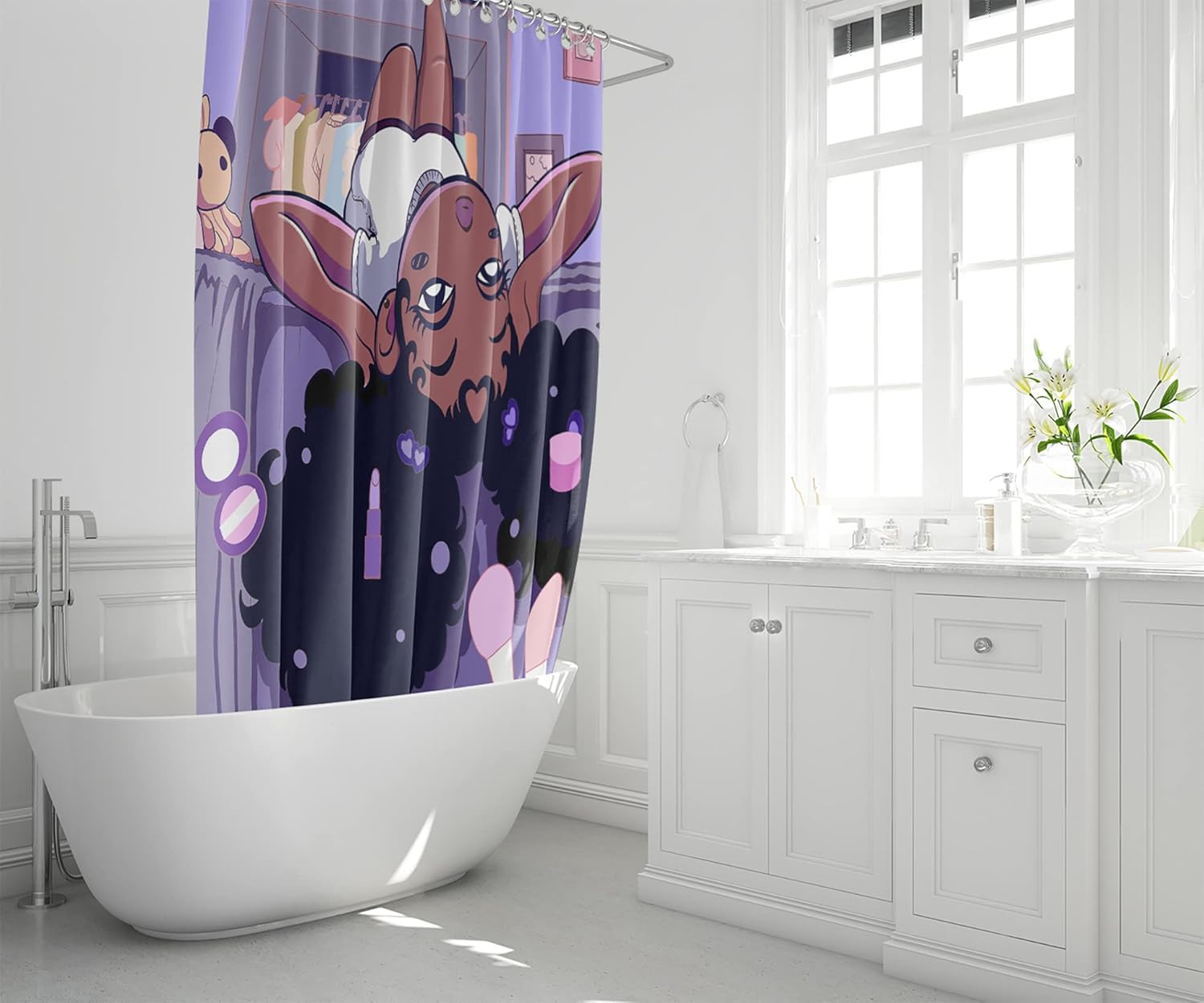 4Pcs Black Girl Shower Curtain Set for Bathroom Decor African Black Girl Bathroom Sets with Bath Rugs Toilet Lid Cover Cute Pattern Shower Curtain, Purple (70 x 70 Inch)