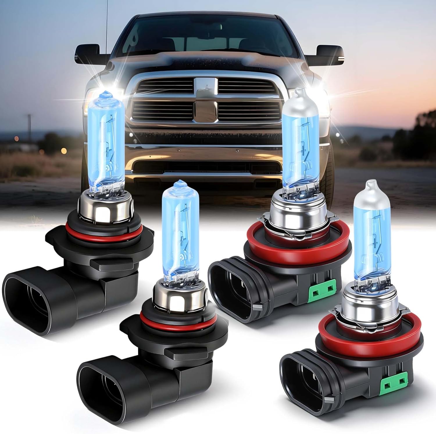 SHENKENUO Fit For DODGE RAM 1500 2500 3500 (2009-2012 4-Headlamps) & (2013-2018 Without Projector) 9005+H11 High/Low Beam Halogen Headlight Bulbs Combo,Plug-n-Play,6 Pack