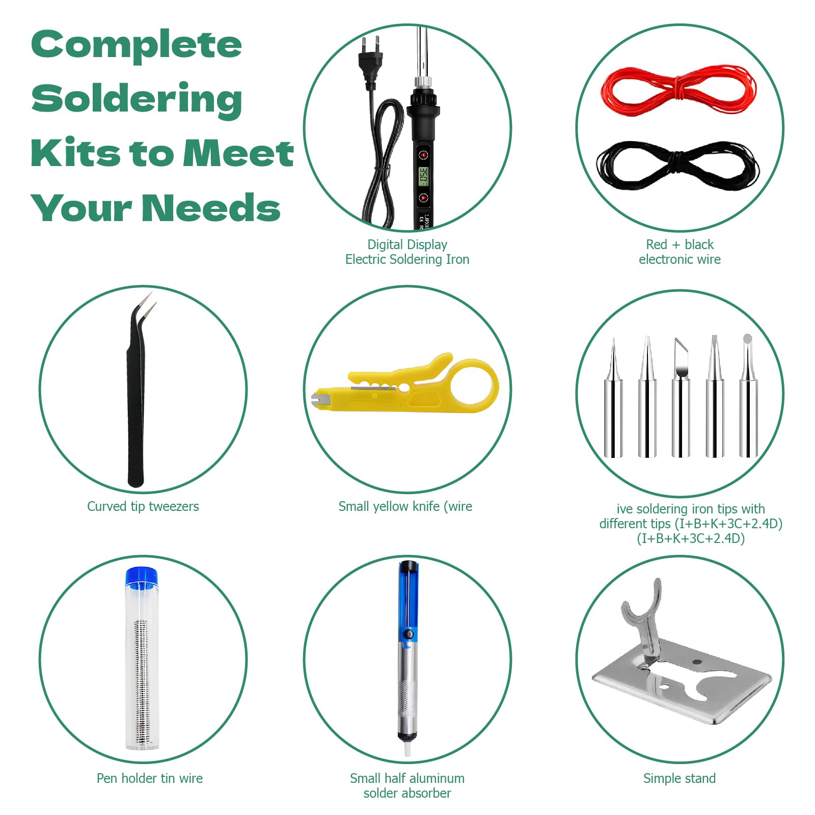 Kit De Soldador De Estaño,5pcs Puntas, Bomba Desoldadora, Soporte, Pinzas Antiestáticas, Alambre De Soldadura,80w Soldador Digital Temperatura Ajustable 180℃-500℃,Para El Uso Diversamente Reparado