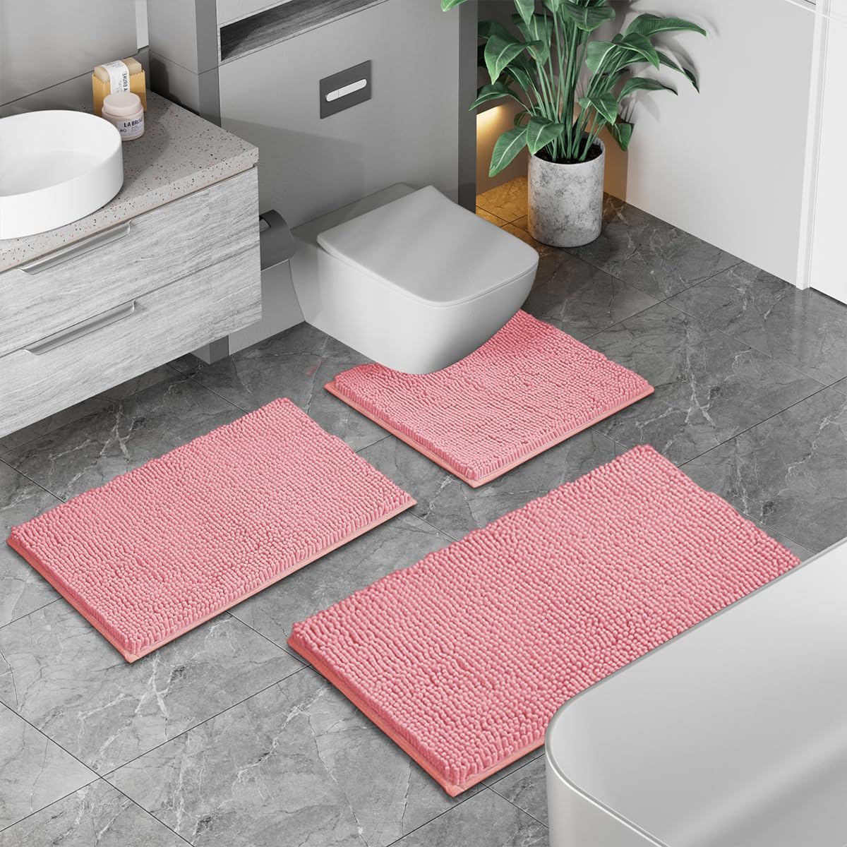 Pink Bathroom Rugs Chenille Bath Mat Set 2-Piece Bath Rugs for Bathroom Extra Soft Bath Mats for Bathoom Non Slip Absorbent Shag Bathoom Carpet - Image 2