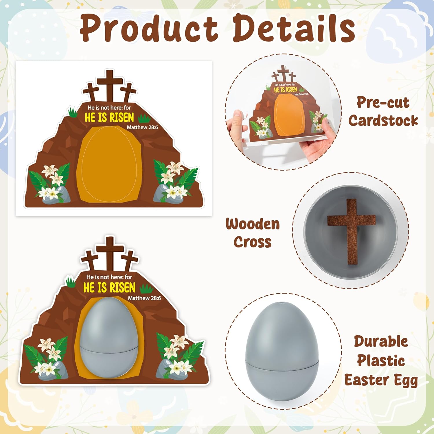 BeYumi Easter Eggs Craft Kit - 90Pcs Easter Silver Plastic Egg with HE IS RISEN Empty Tomb Cards Wooden Cross Christian Jesus Resurrection Kit Sunday School Church Party Basket Stuffers Gift for Kids