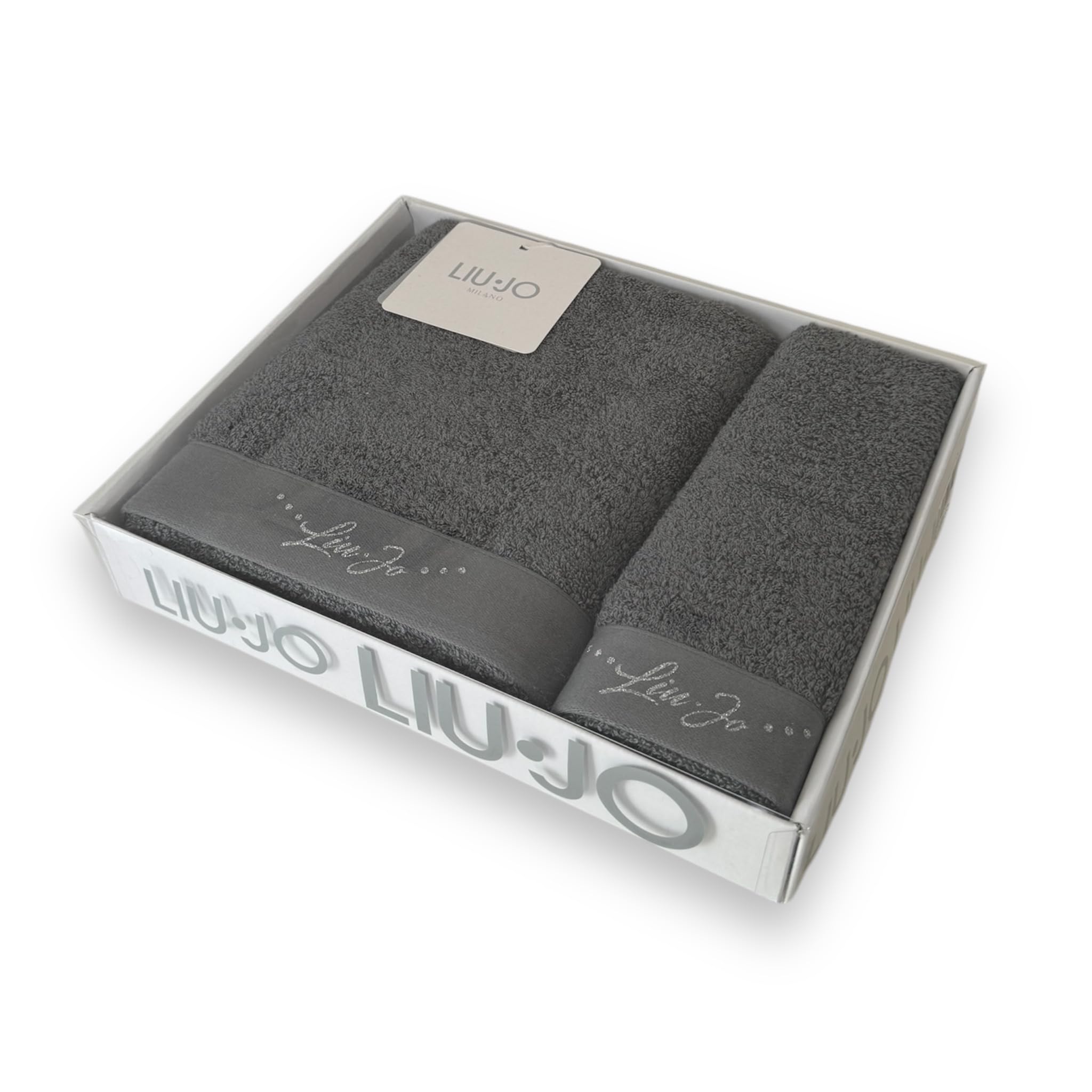 Liu Jo Milano Set Asciugamani Art. Happy in Spugna 100% Cotone – Asciugamano Viso 55x100 e Ospite 38x58 – Logo Lurex – In Scatola (Tortora)