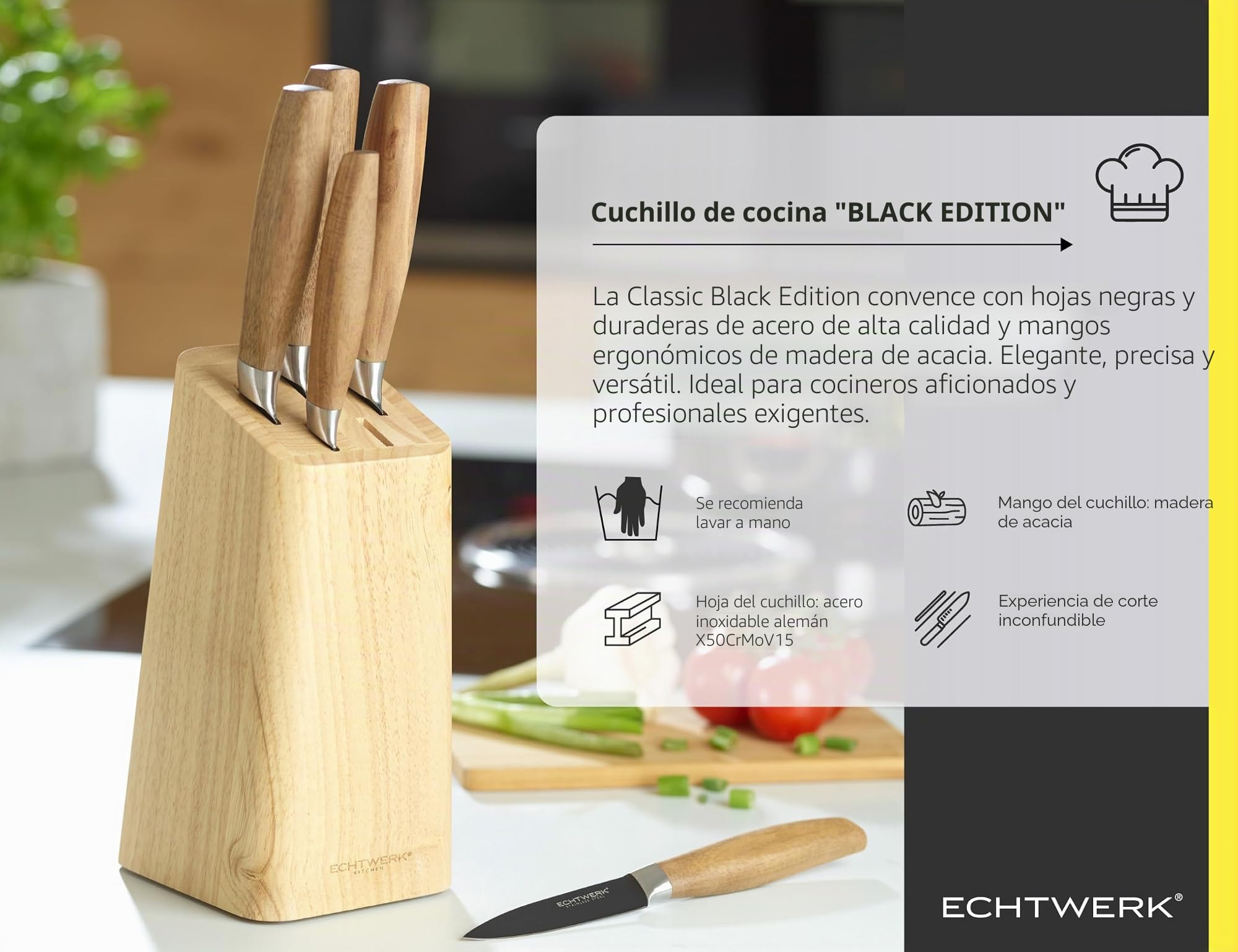 ECHTWERK Juego de cuchillos de cocina de acero, juego de cuchillos de 6 piezas con taco de madera de pakka, juego de cuchillos de cocina, acero especial, extremadamente afilado, Negro-Edición