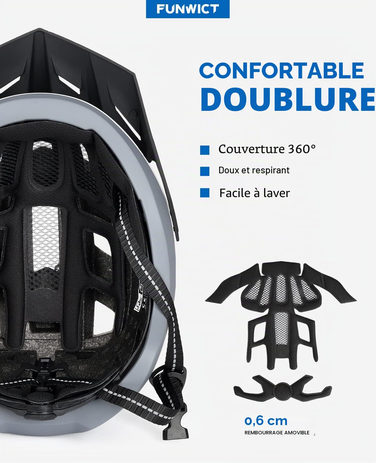 Casque Velo Homme Femme avec Visiere et Lunettes Détachables, Casque Vélo Casques VTT avec Feu Arrière à LED Rechargeable, Casque Cyclisme pour Adulte et Adolescent (M: 54-58 cm, Blanc Gris)