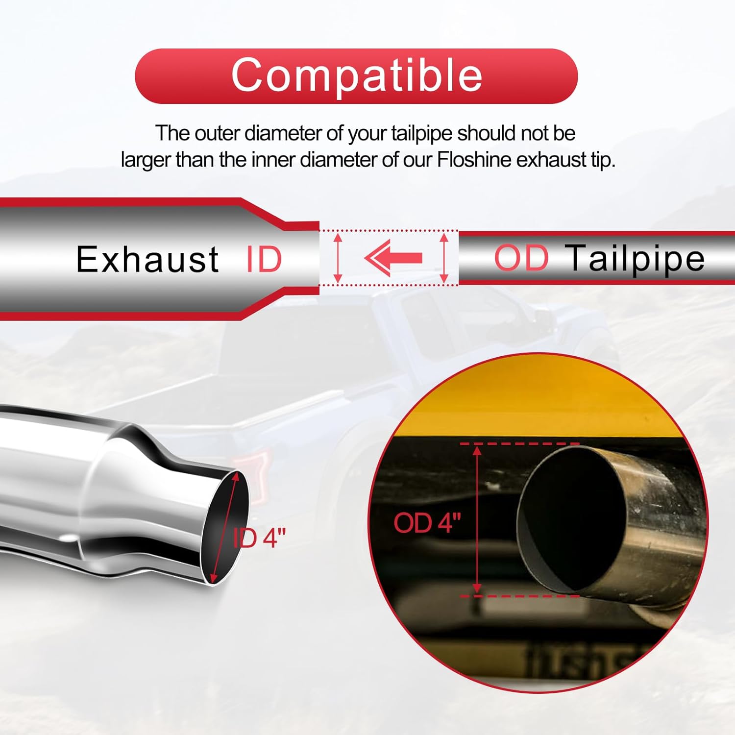 Exhaust Tip Elbow, 4 Inch Diesel Exhaust Pipe Tip 4 to 6 Inch with Clamp, 4" Inlet 6" Outlet 23" Long Chrome Turndown Tip for Trucks, Pickups, Cars