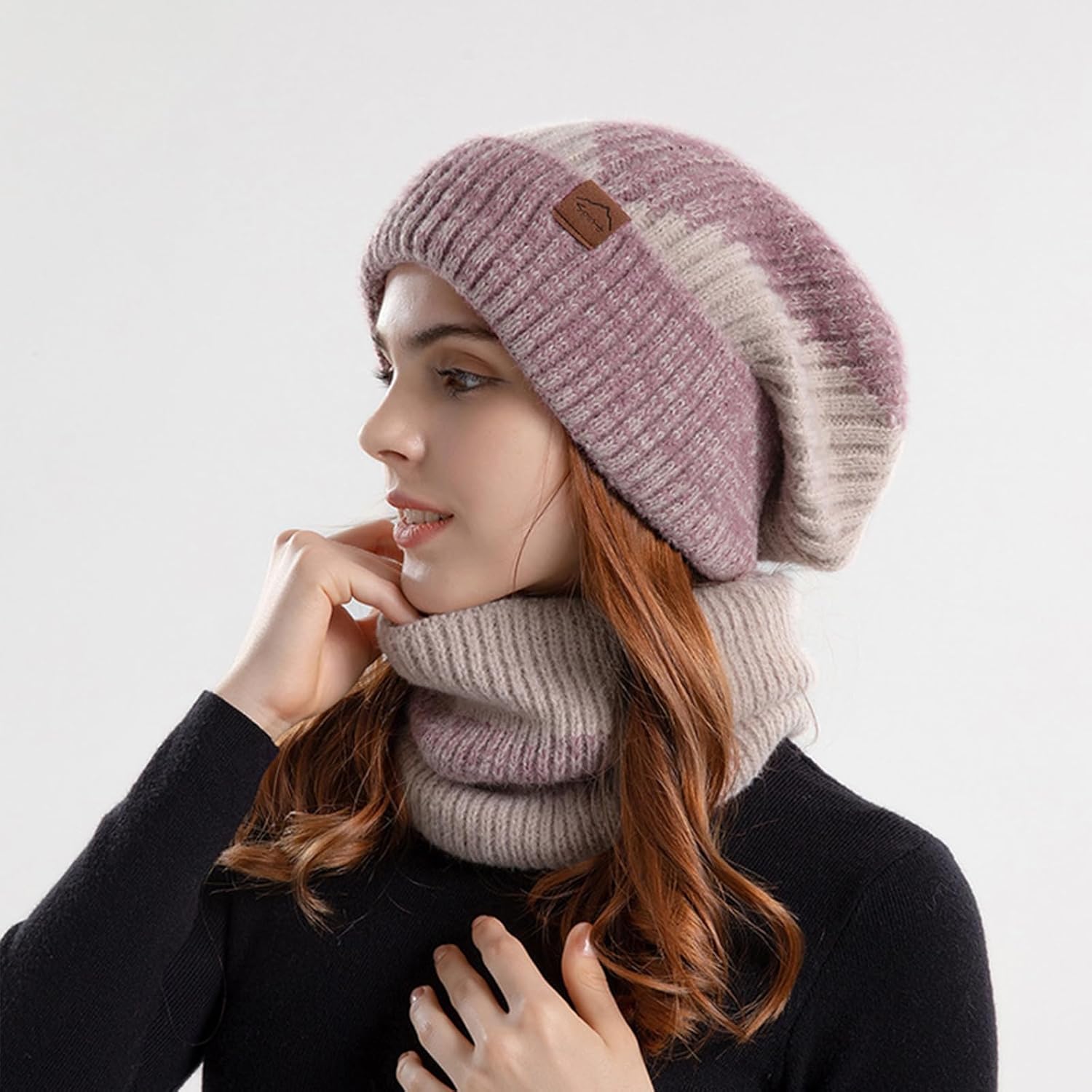 Women Winter Slouchy Knit Beanie Hat Scarf Set, Soft Warm Knitted Beanies Cap Fleece Lined Scarves - Image 2