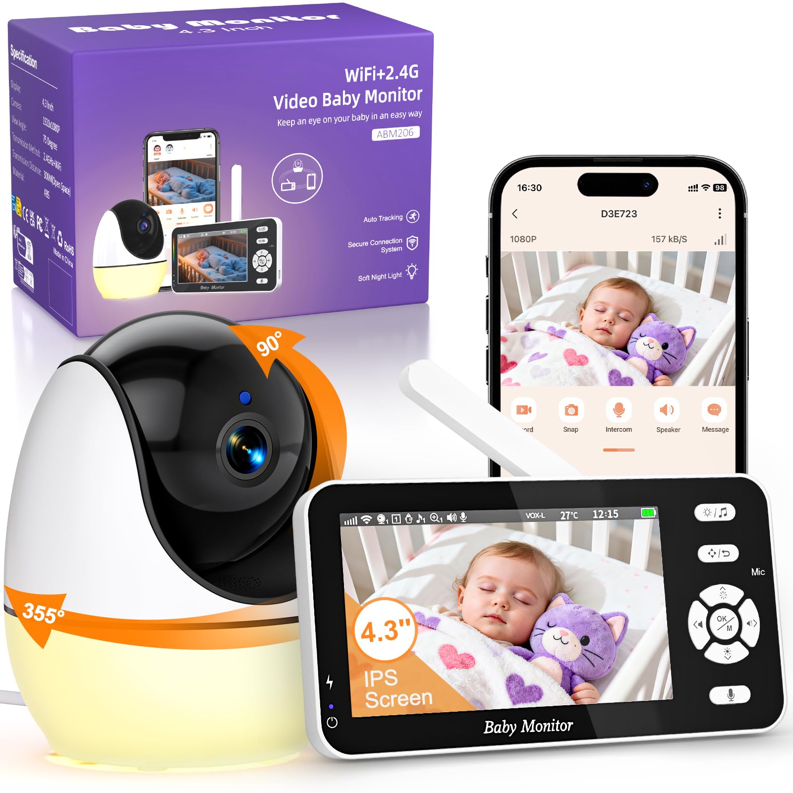 BURNNOVE Baby Monitor Video e Audio WiFi 4,3 Pollici IPS 3500mAh Batteria VOX Luce Notturna Rilevamento Temperatura