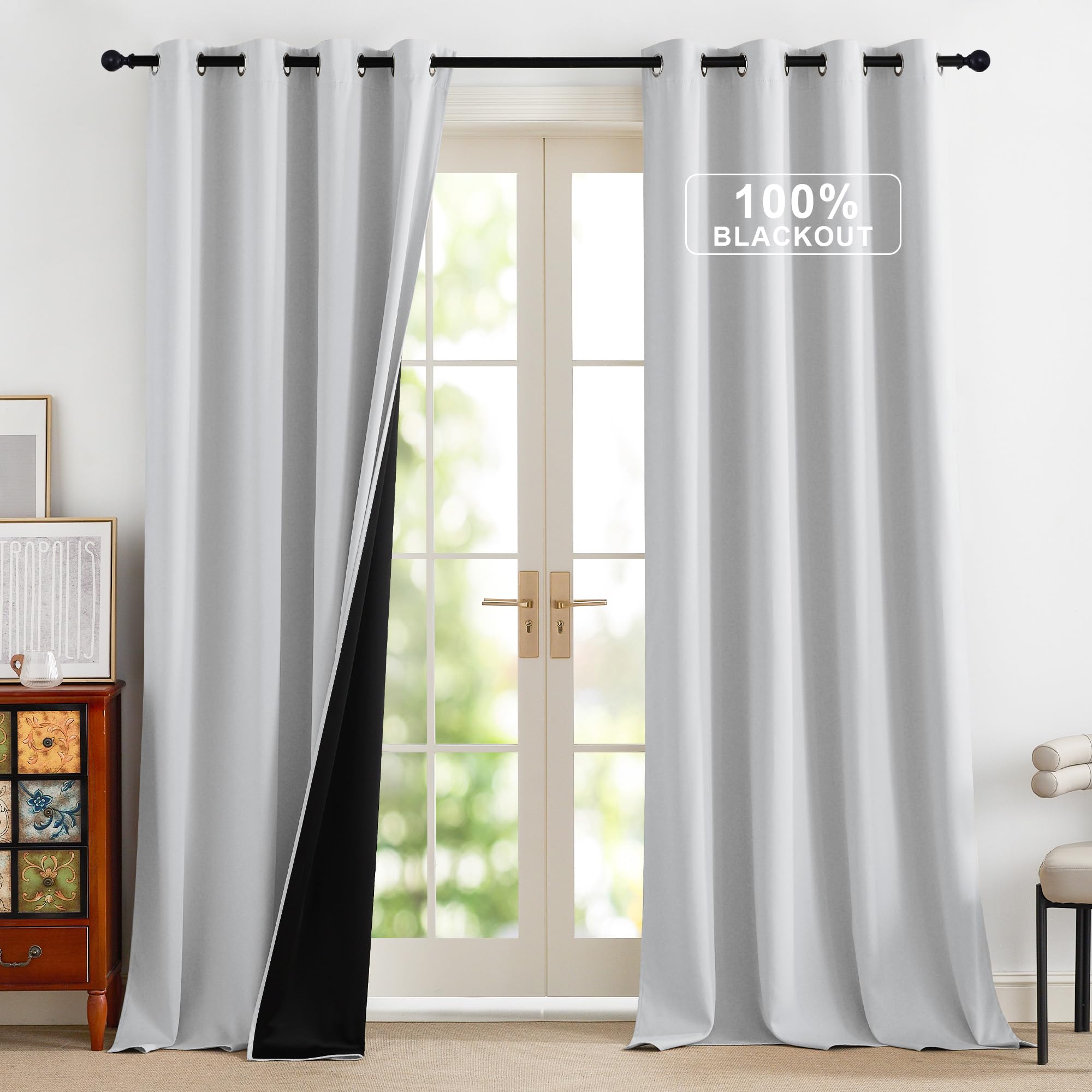 NICETOWN Greyish White 100% Blackout Curtains for Bedroom 96 inches Long