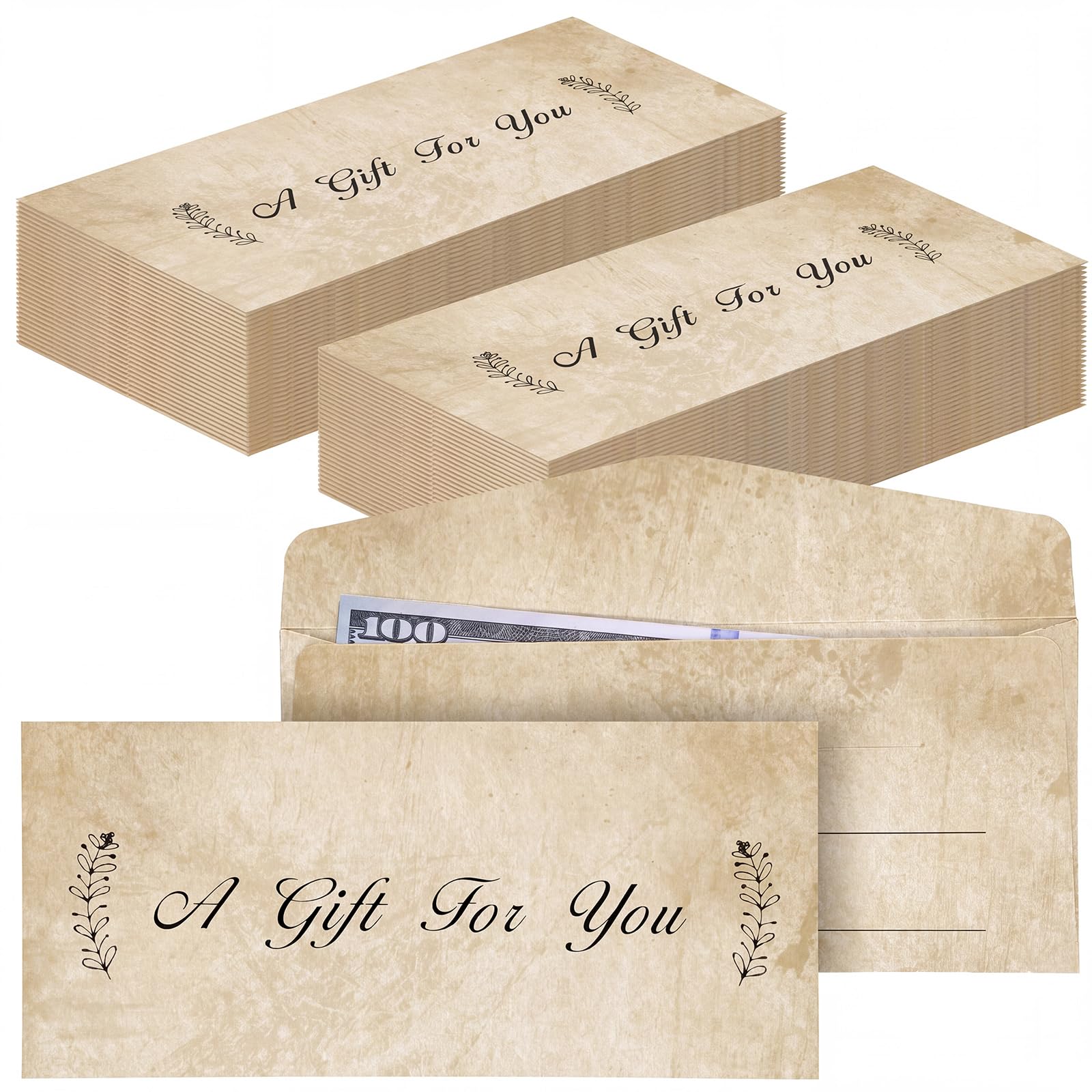 Lincia 200 Pcs Khaki Leaves Kraft Money Envelopes for Cash 6.5" x 2.9"