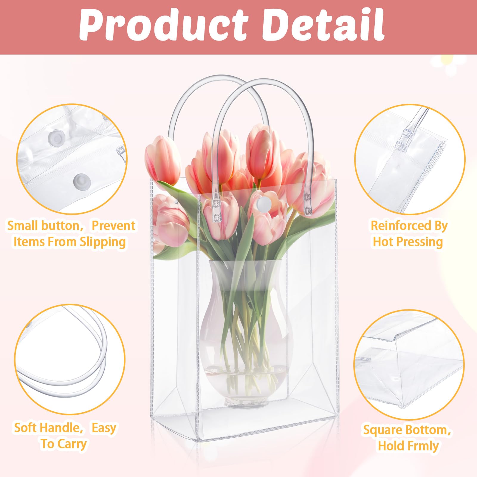 LEIFIDE 50pcs Clear Plastic Gift Bags with Handles PVC Reusable Transparent Totes Bags for Goodie Candy School Birthday Party(7.1 x 9.4 x 3.1 Inch)