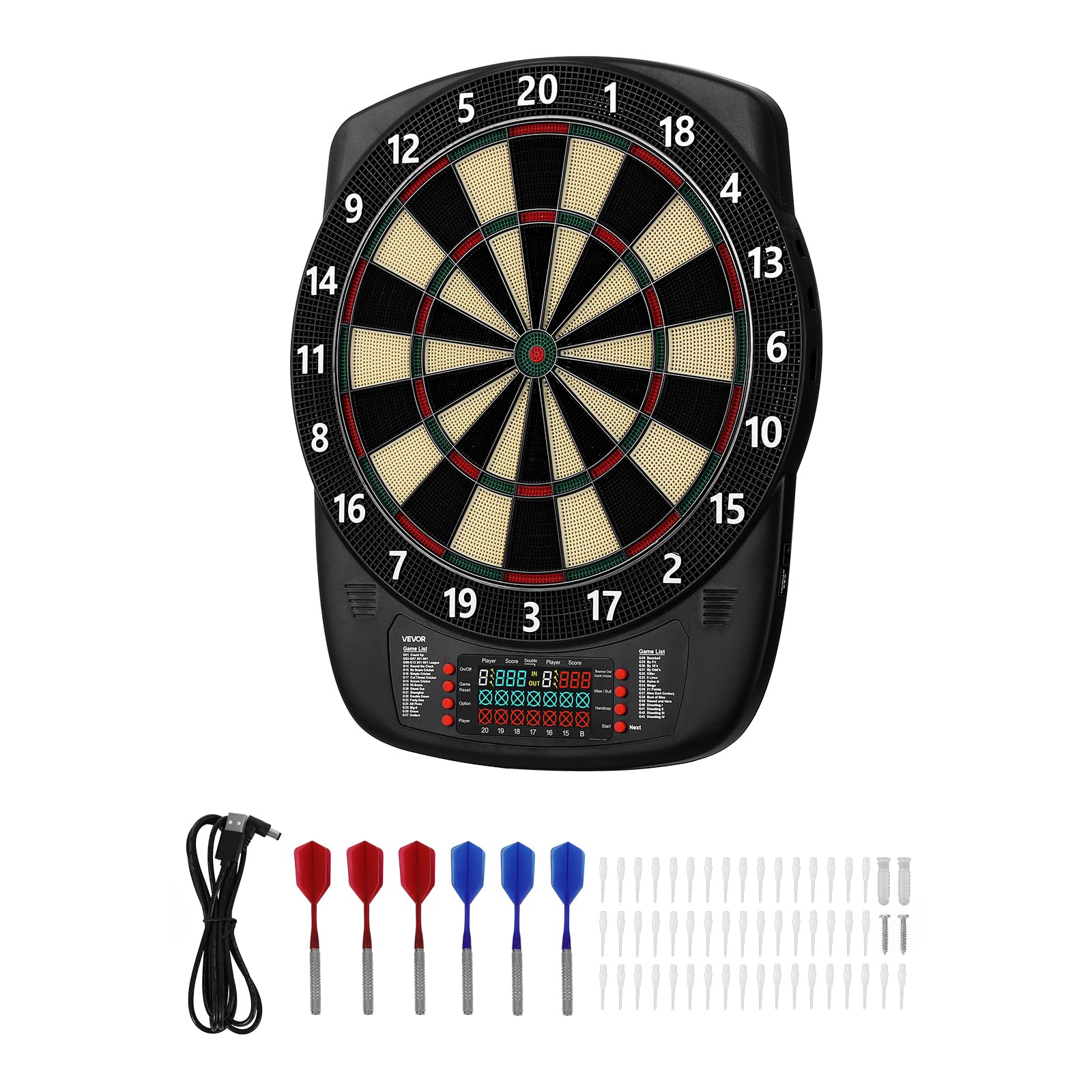 VEVOR Diana Electrónica 43 Juegos 200 Variantes 8 Jugadores 6 Ejes Dardos Marcador LCD PP ABS 517 x 424 x 30 mm