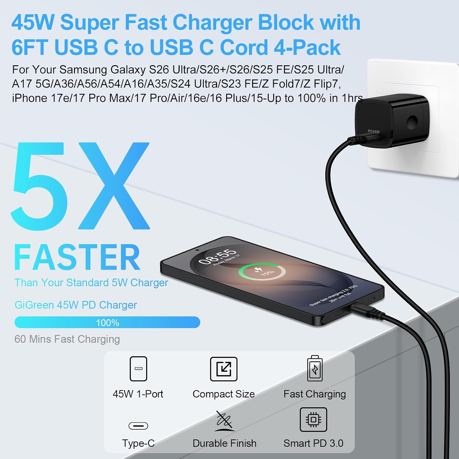 45W Super Fast Samsung Charger for Samsung Galaxy A37/A57/S26 Ultra/S26+/A36/A17/S25 FE/S25 Edge/S24Plus/S23,iPhone 17e 17 Pro Max 16 Plus,USB Type C Fast Charging Block with 6FT Long USB C to C Cable