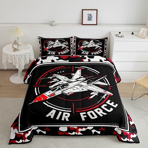ZZRS2779ZMD-BZ_USF - Juego de edredón de tamaño matrimonial, ropa de cama de 3 piezas con diseño de camuflaje militar, rojo y negro para niños,