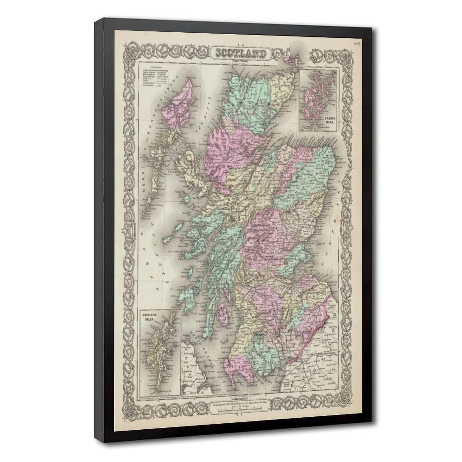 WCYB 1855 Colton Map of Scotland Posters Prints Canvas Deco Paintings Wall Art Hangable Frame 20" L X 30" W