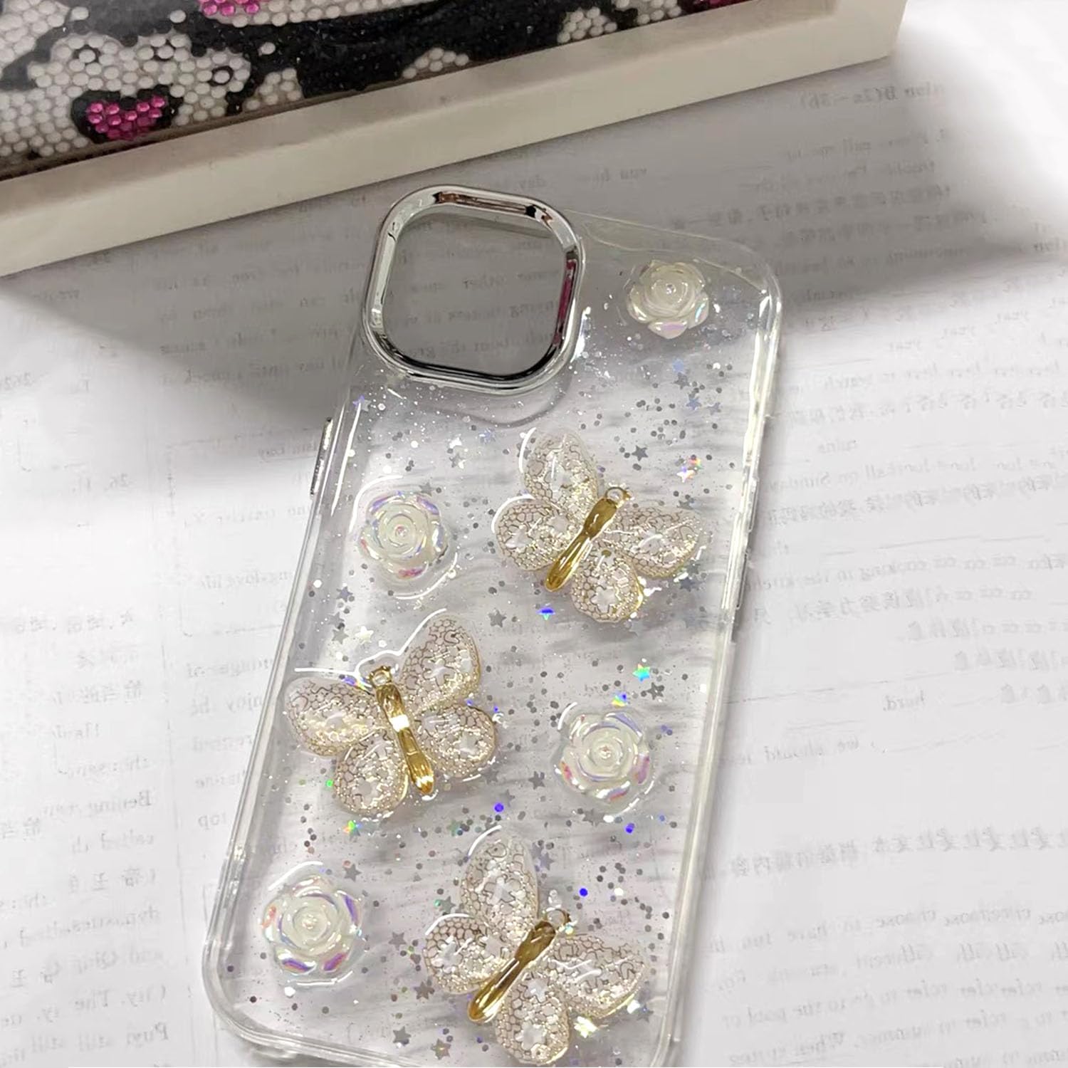 UEEBAI Sparkly Glitter Bling Case for iPhone 13 Pro Max, 3D Clear Aesthetic Cute Butterfly TPU Phone Flower Case - Image 3