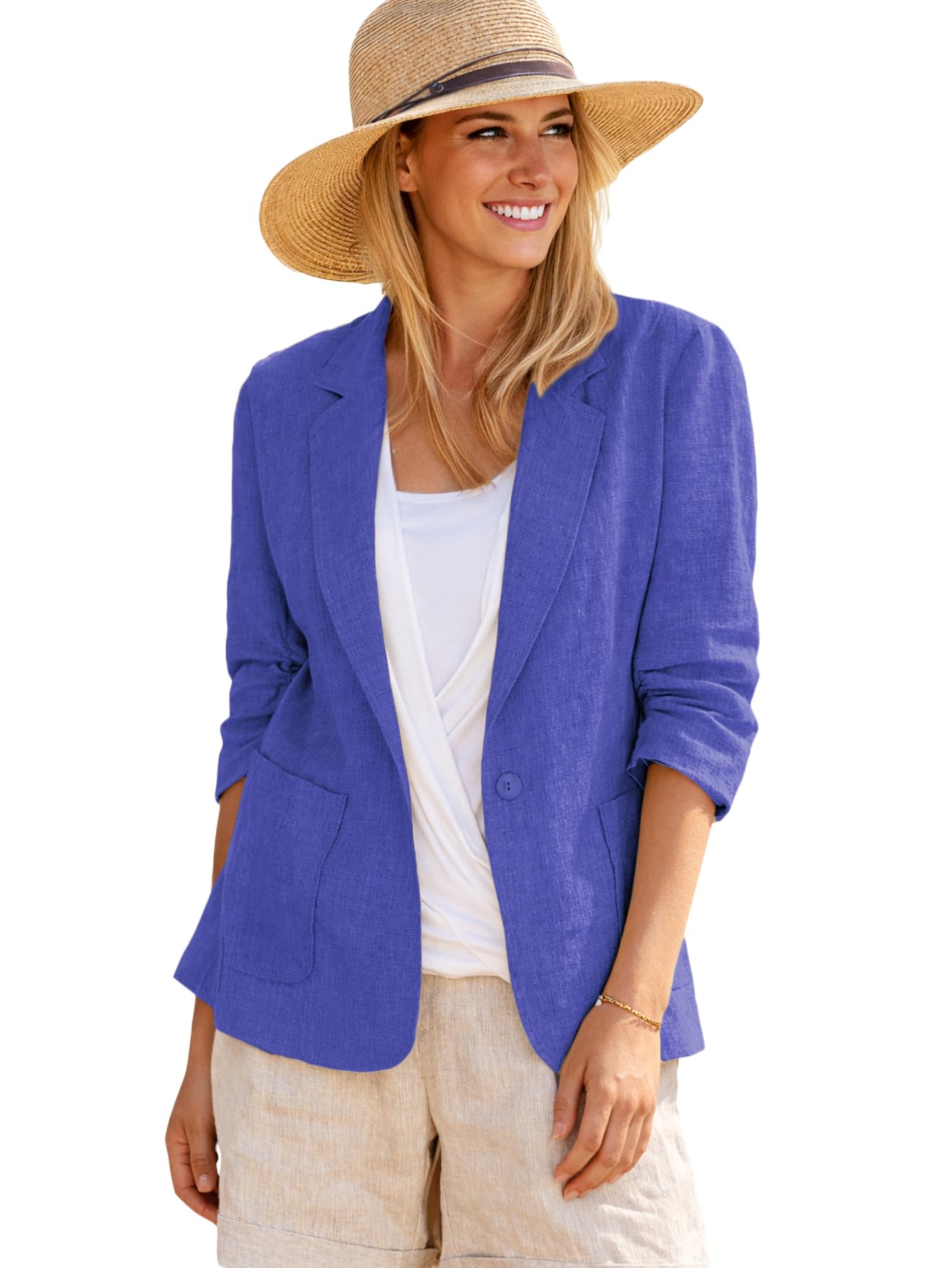 Mina Self 2026 Summer Women’s Linen Blazer Jacket - Lightweight Breathable 3/4 Stretchy Ruched Sleeve Casual Work with Pocket