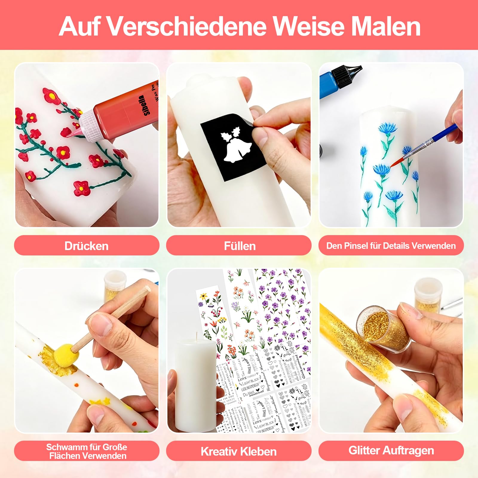 12 Stück Wachsstifte für Kerzen, Kerzenstifte 10 ml, mit vorgestanzten Aufklebern und Schwammwerkzeugen, Kerzen Bemalen Set Stifte für Dekorieren und Gestalten von Stoff, Holz, Keramik
