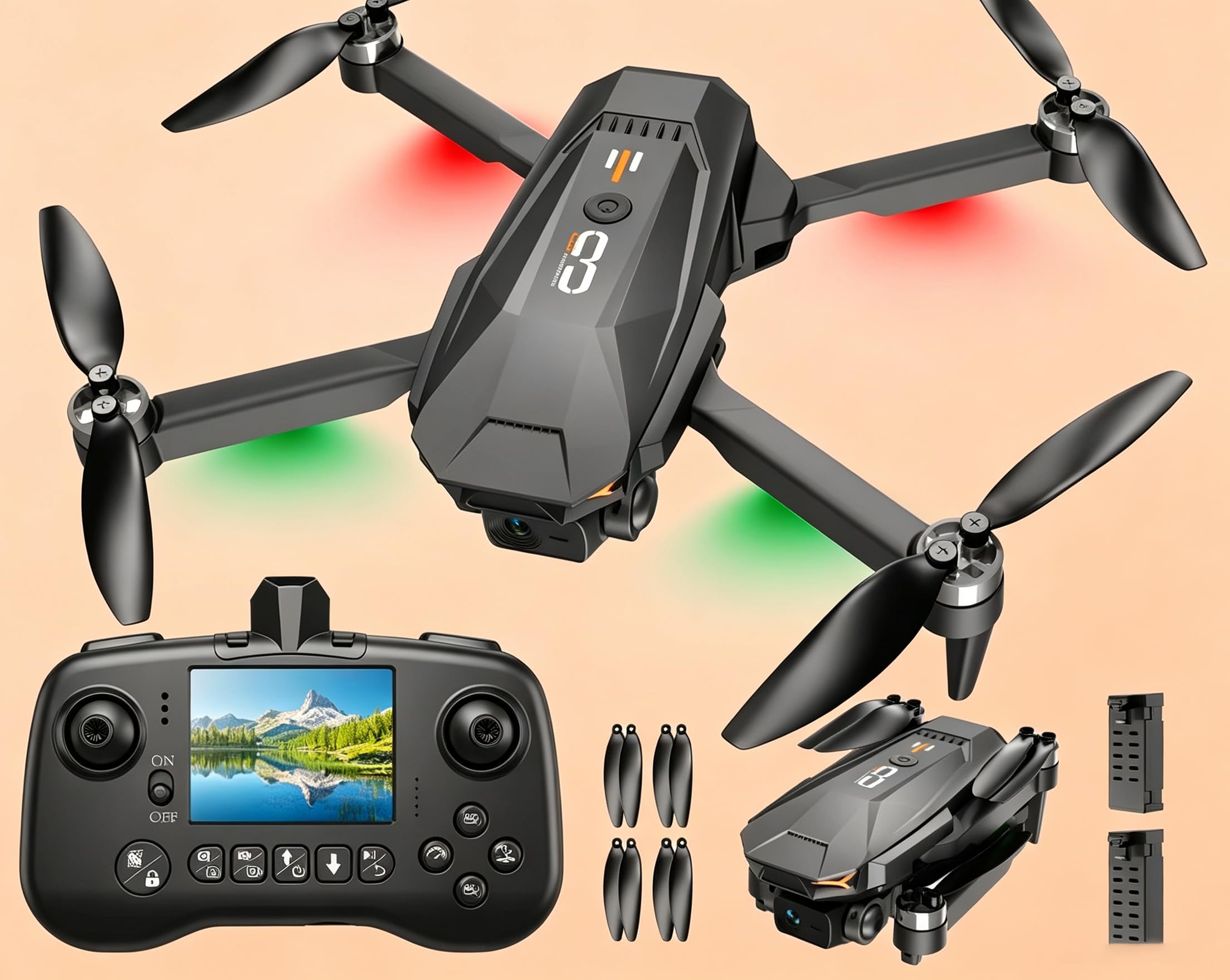 Drohne mit Kamera,RC Quadcopter mit 2 Akku,Ein-Tasten-Start/Landung（helles Orange）