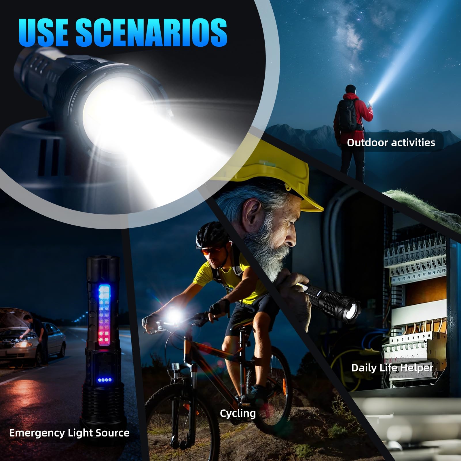 Torcia ricaricabile LED ad alta luminosità, 7 modalità di illuminazione, torcia da campeggio super luminosa, torcia tattica regolabile, torcia LED per emergenza domestica, confezione da 2
