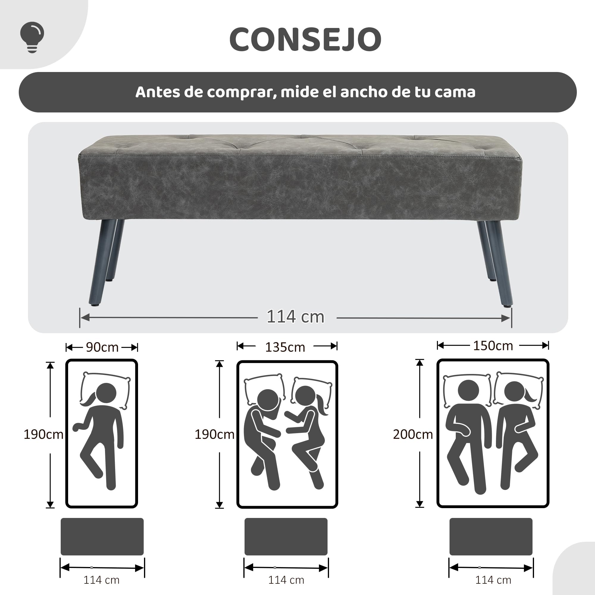 HOMCOM Taburete Pie de Cama Multifuncional Banco Pie de Cama Clásico Banqueta de Dormitorio con Pies de Madera y Asiento Acolchado Carga 220 kg para Entrada Pasillo 114x38x42 cm Gris