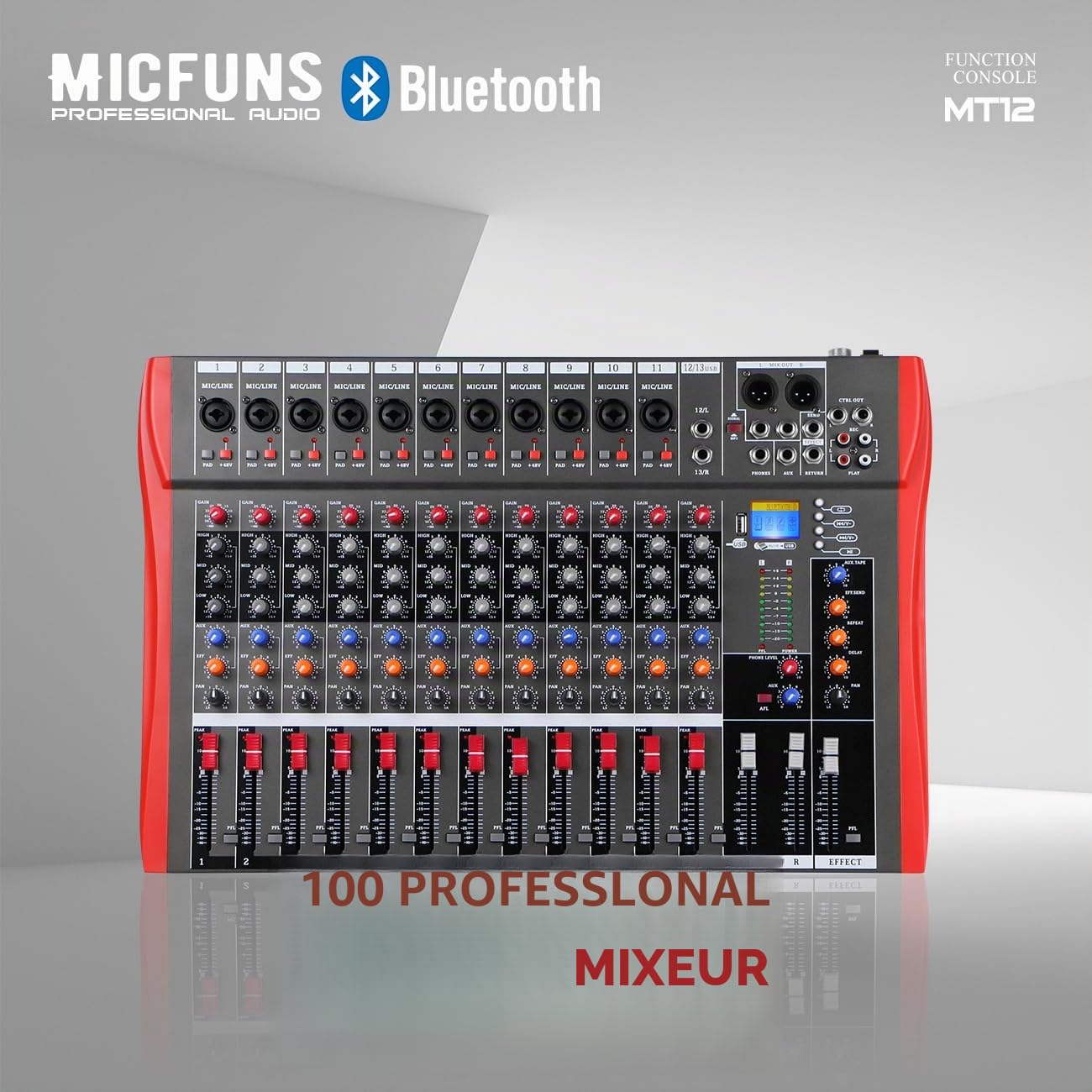 Studio Live Table de mixage 12 canaux DJ Console de mixage audio stéréo Bluetooth USB enregistrement ordinateur lecture vidéo alimentation fantôme USB numérique mixer amplificateur