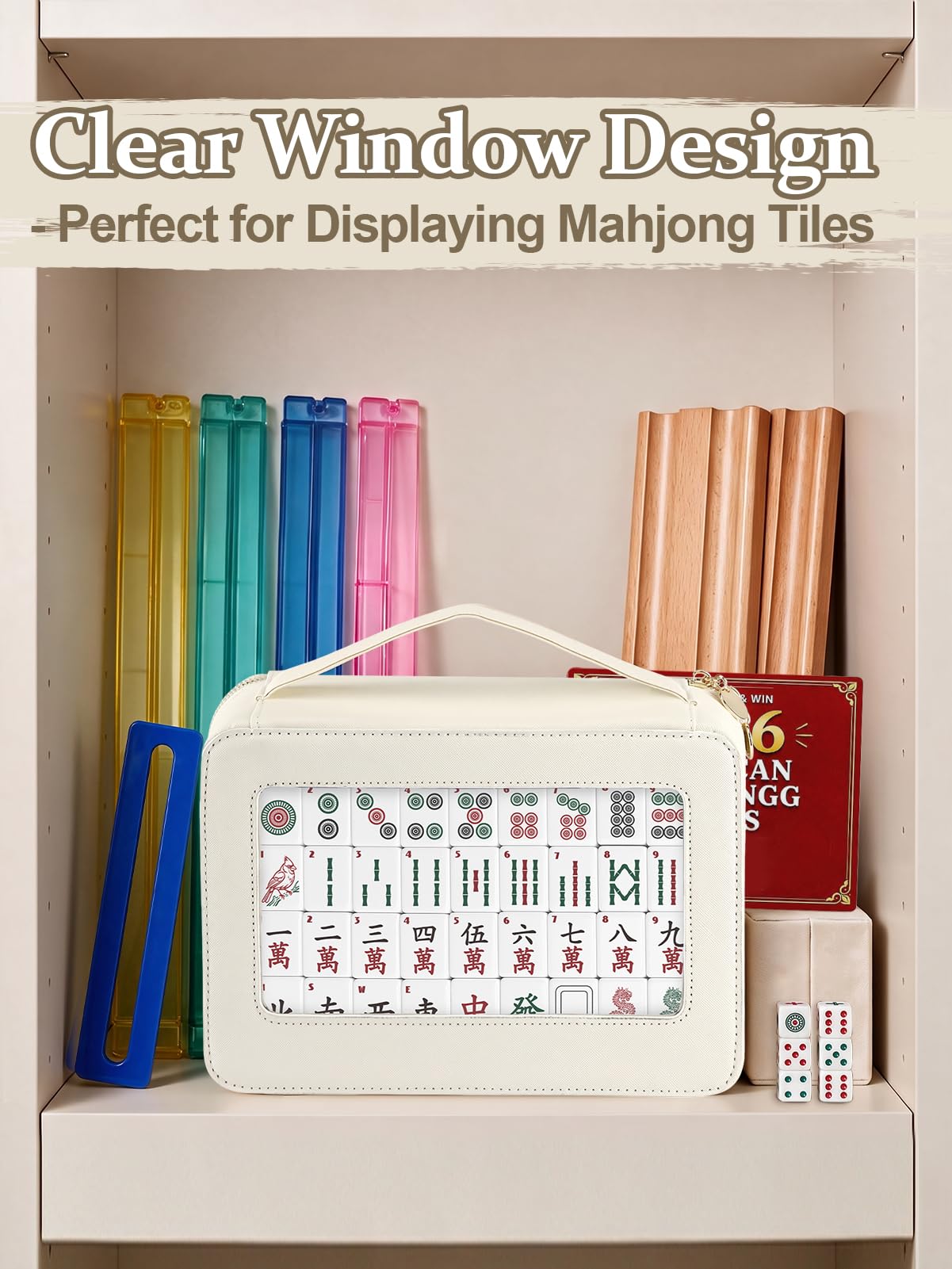 MEWTOGO Sac de mahjong en cuir synthétique avec fenêtre transparente