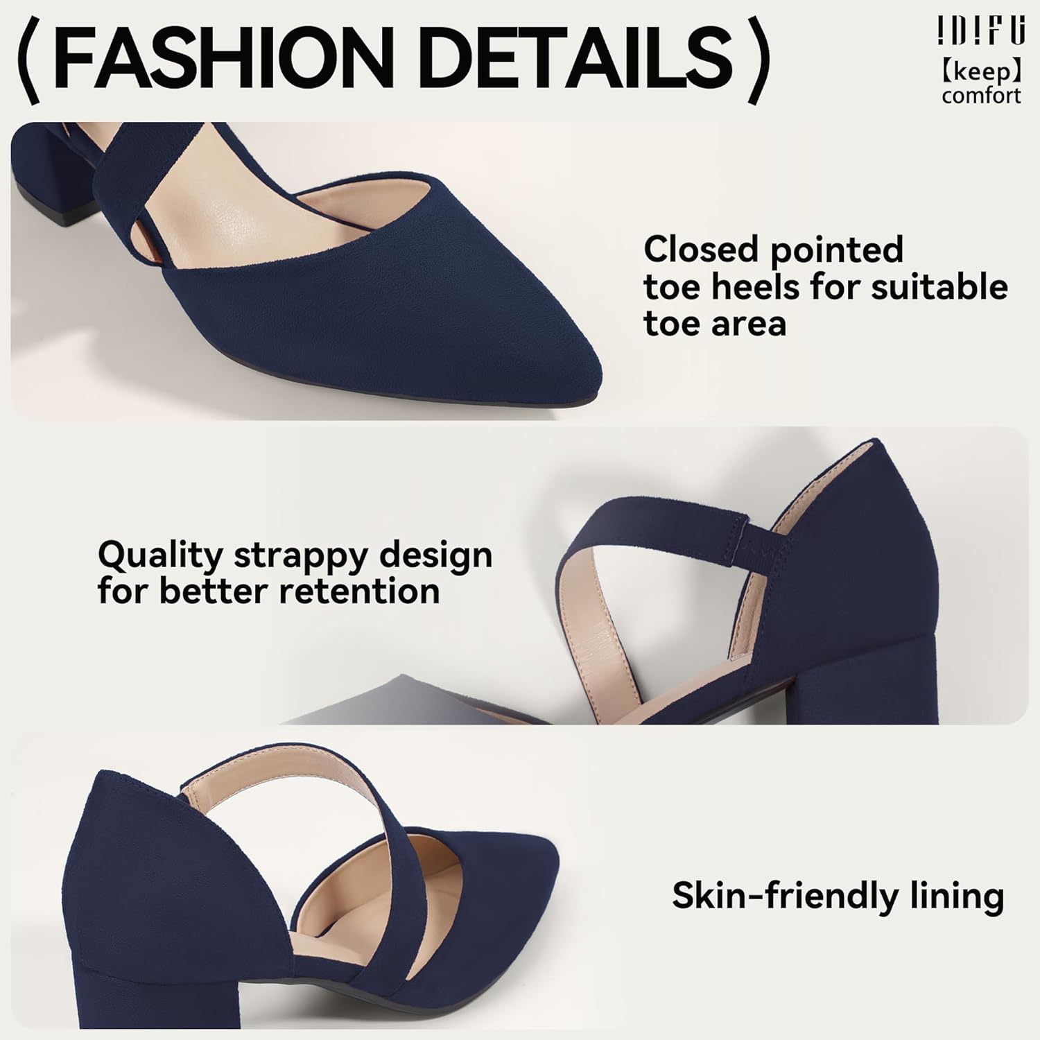 IDIFU IN2 Women's Pumps Closed Toe Strappy Heels Low Block Chunky Heels Dressy Wedding Bride Prom Business Dress Shoes for Women Comfortable Formal Pointed Toe Short Heels - Image 4