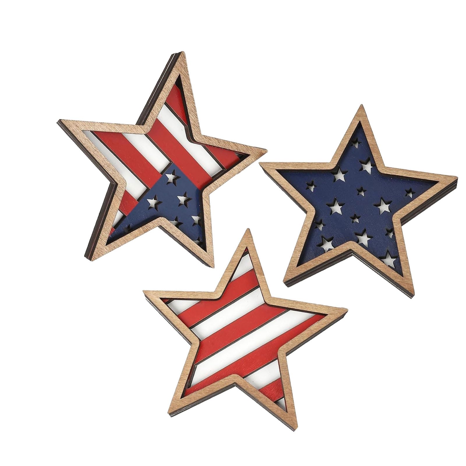Qusinfc Layered Wooden Star Decor Group with Traditional Colors for Memorial Day and July Celebration Star Shaped Tray Decor